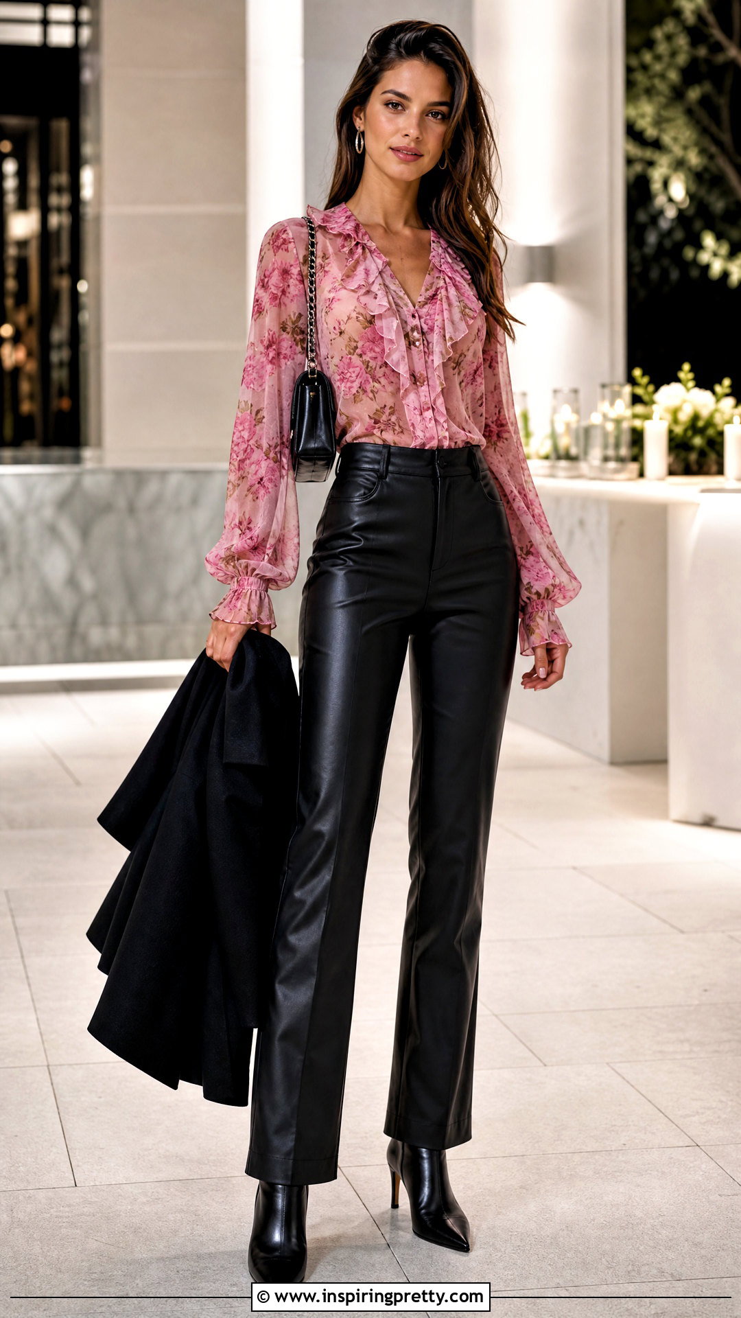 Moda International Pink Floral Top With Faux Leather Pants - 20 moda international pink floral top outfit ideas