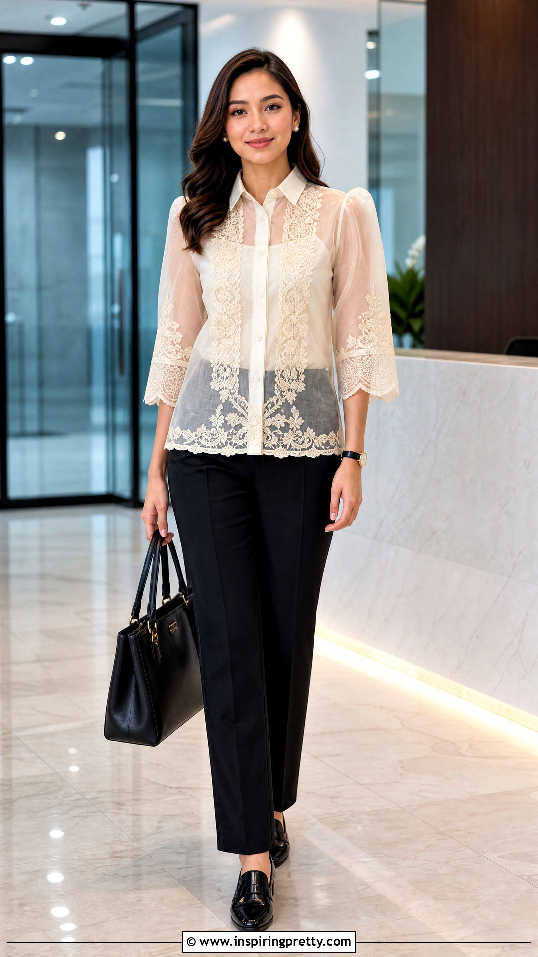 Modern Barong Blouse With Black Slacks - 50 filipiniana top and pants