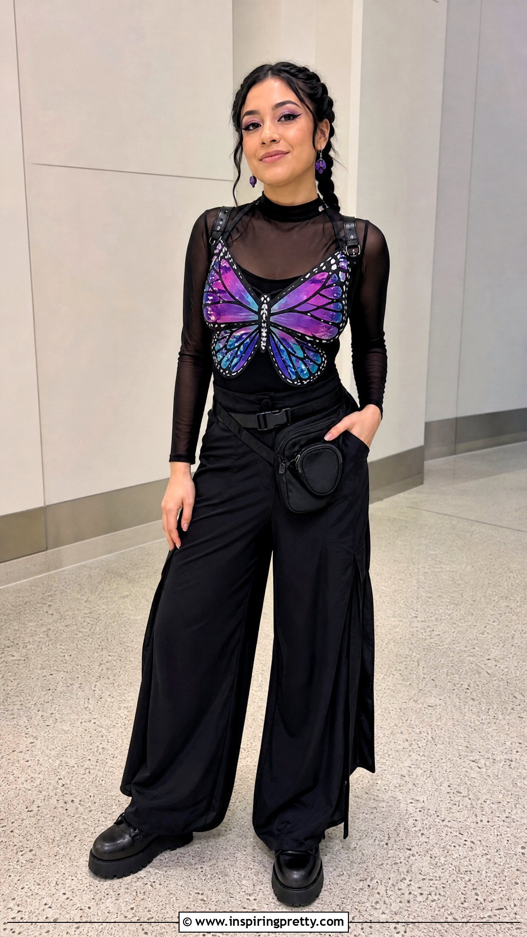 Modest Butterfly Rave Top With Wide Leg Pants - 25 butterfly rave top outfit ideas