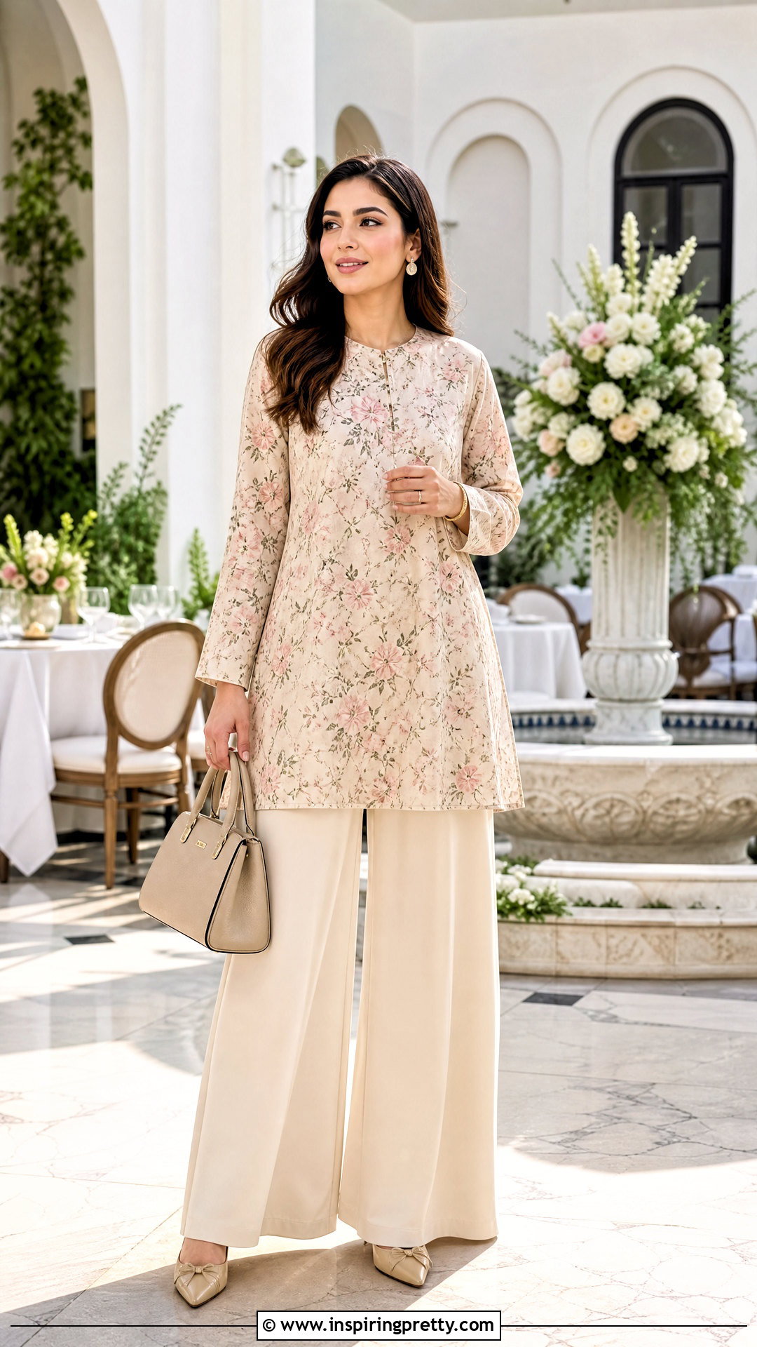 Modest Floral Tunic With Wide Leg Pants - 50 floral tops for women