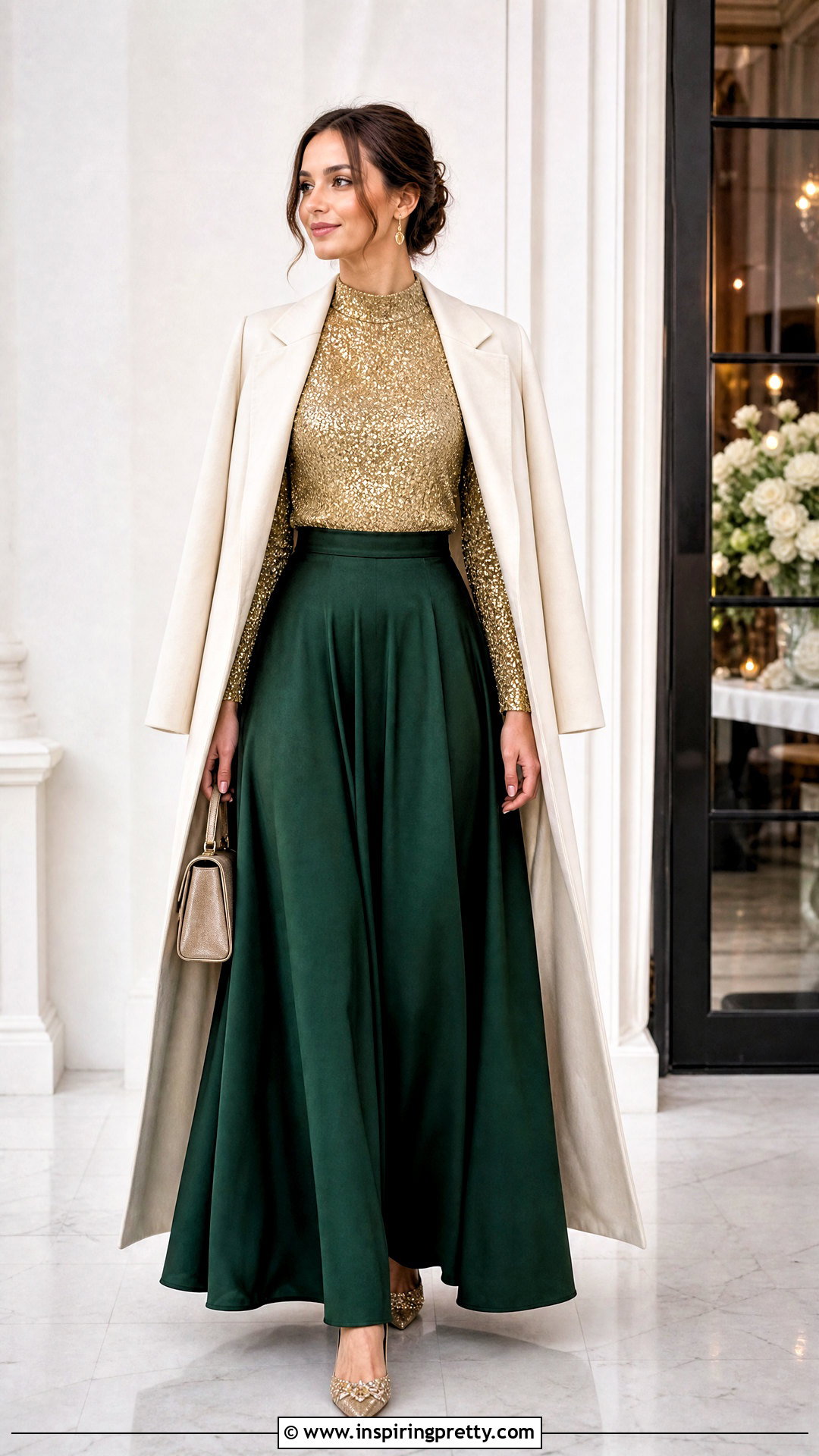 Modest Glitter Top With Maxi Skirt - 50 glitter tops outfit ideas