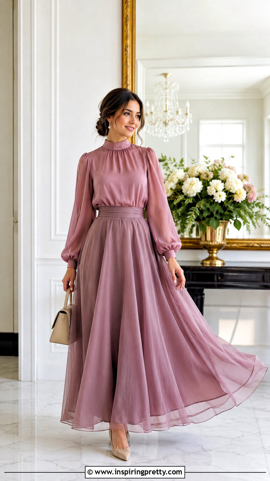 Modest Organza Maxi Skirt With Long Sleeve Blouse - 20 organza skirt and top outfit ideas