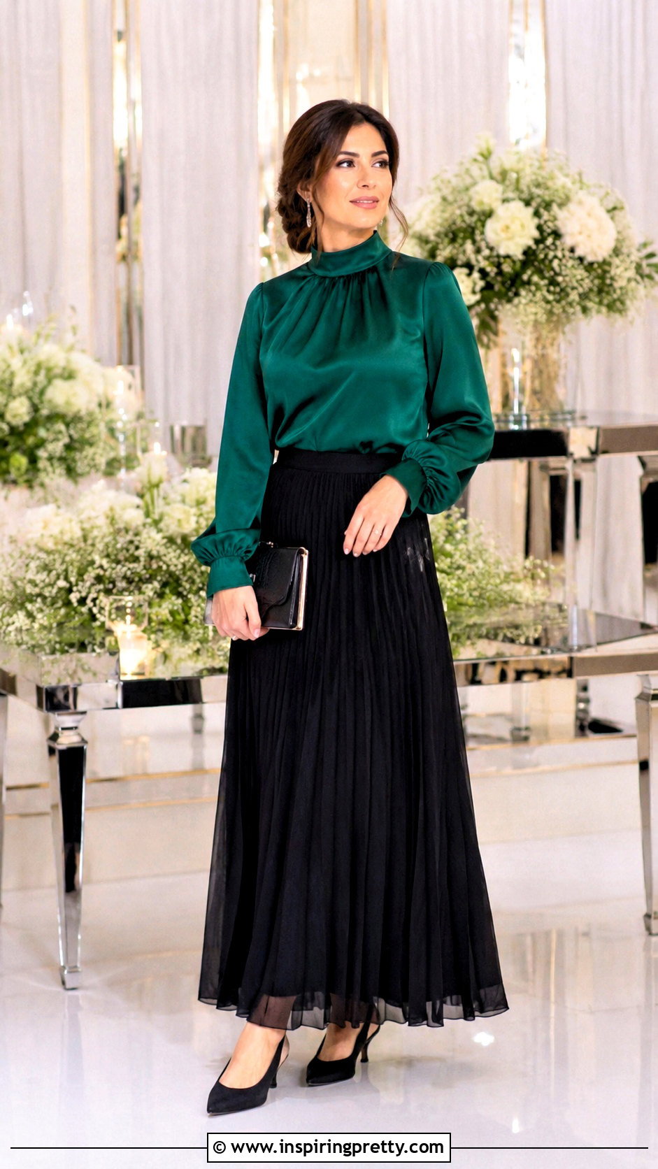 Modest Satin Party Blouse With Maxi Skirt - 50 party tops night ideas