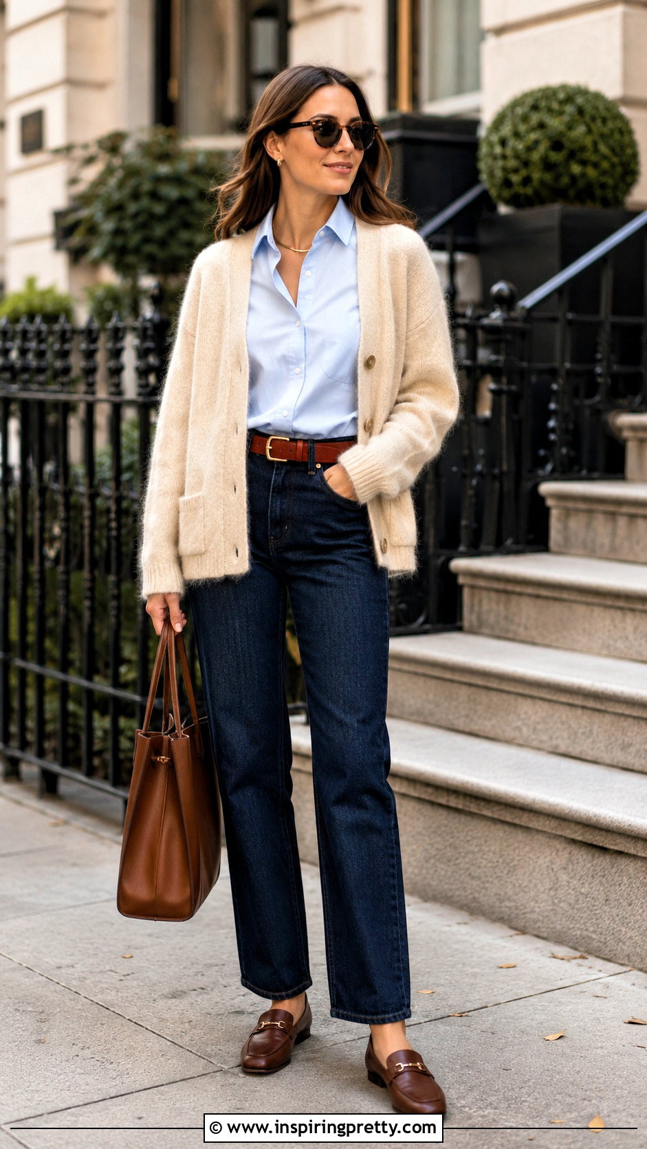 Mohair Cardigan With Button Down Shirt And Jeans - 50 mohair top outfit ideas