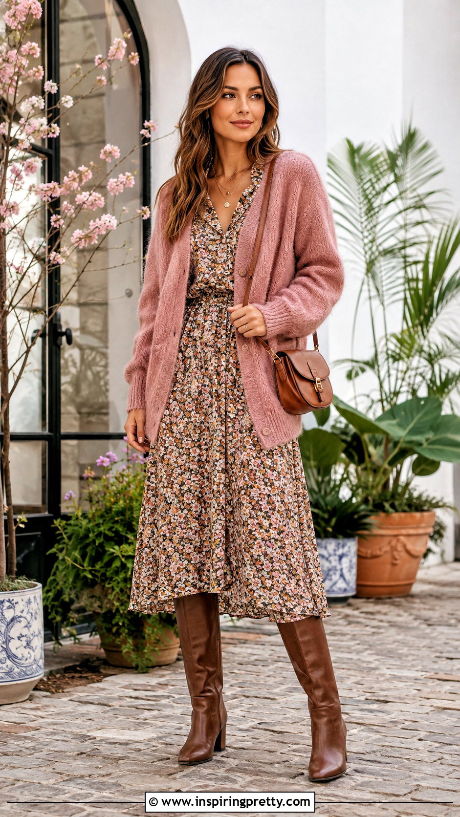 Mohair Cardigan With Floral Midi Dress - 50 mohair top outfit ideas