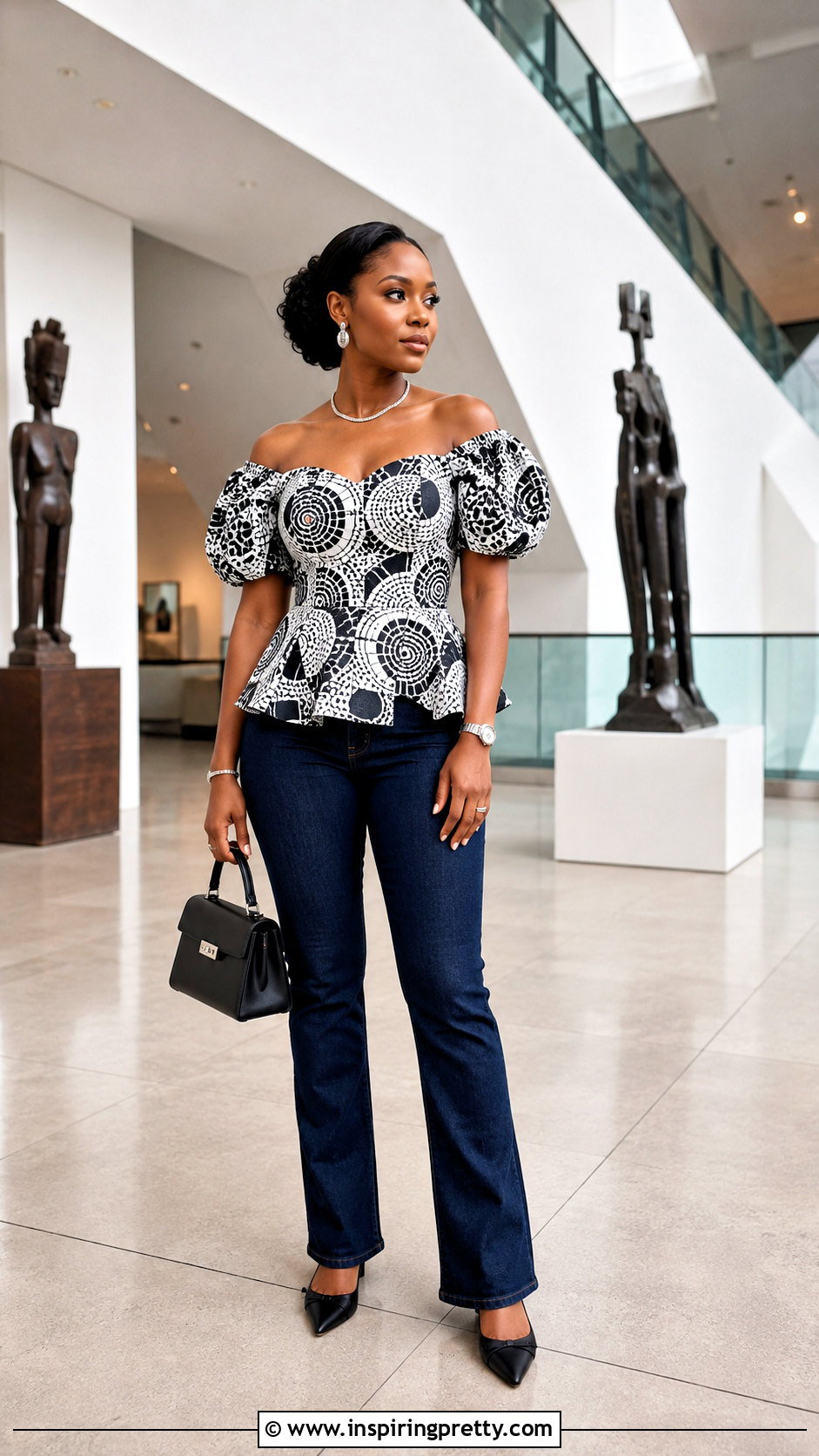 Monochrome Ankara Off Shoulder Top With Indigo Jeans - 20 ankara tops with jeans off shoulder outfits