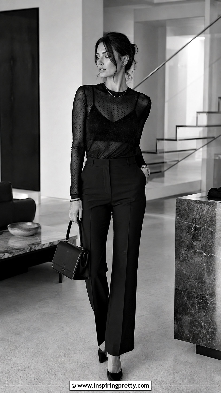 Monochrome Black Mesh Top And Pants - 50 messy top outfit ideas