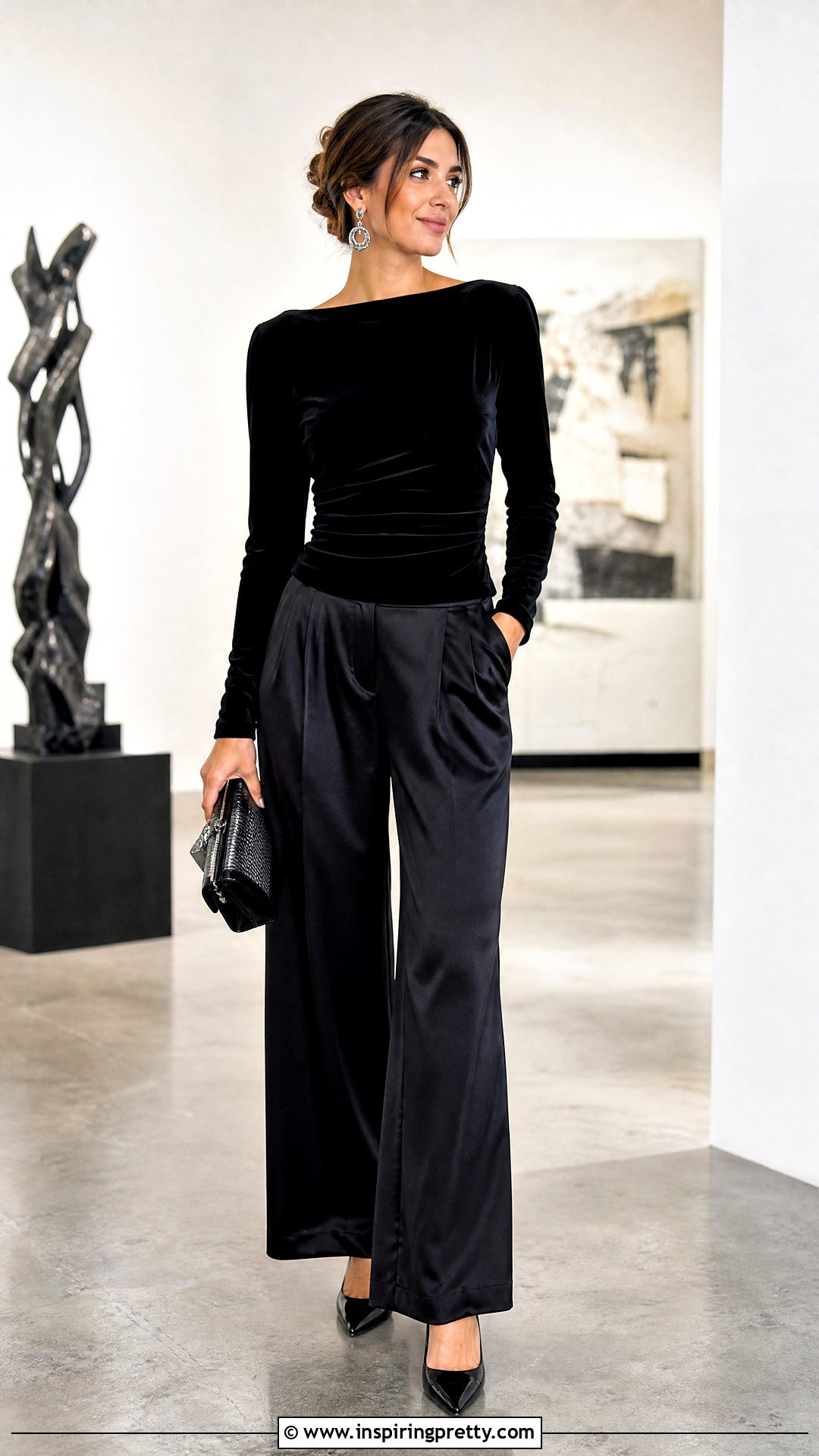 Monochrome Black Top With Satin Pants - 50 elegant tops outfit ideas