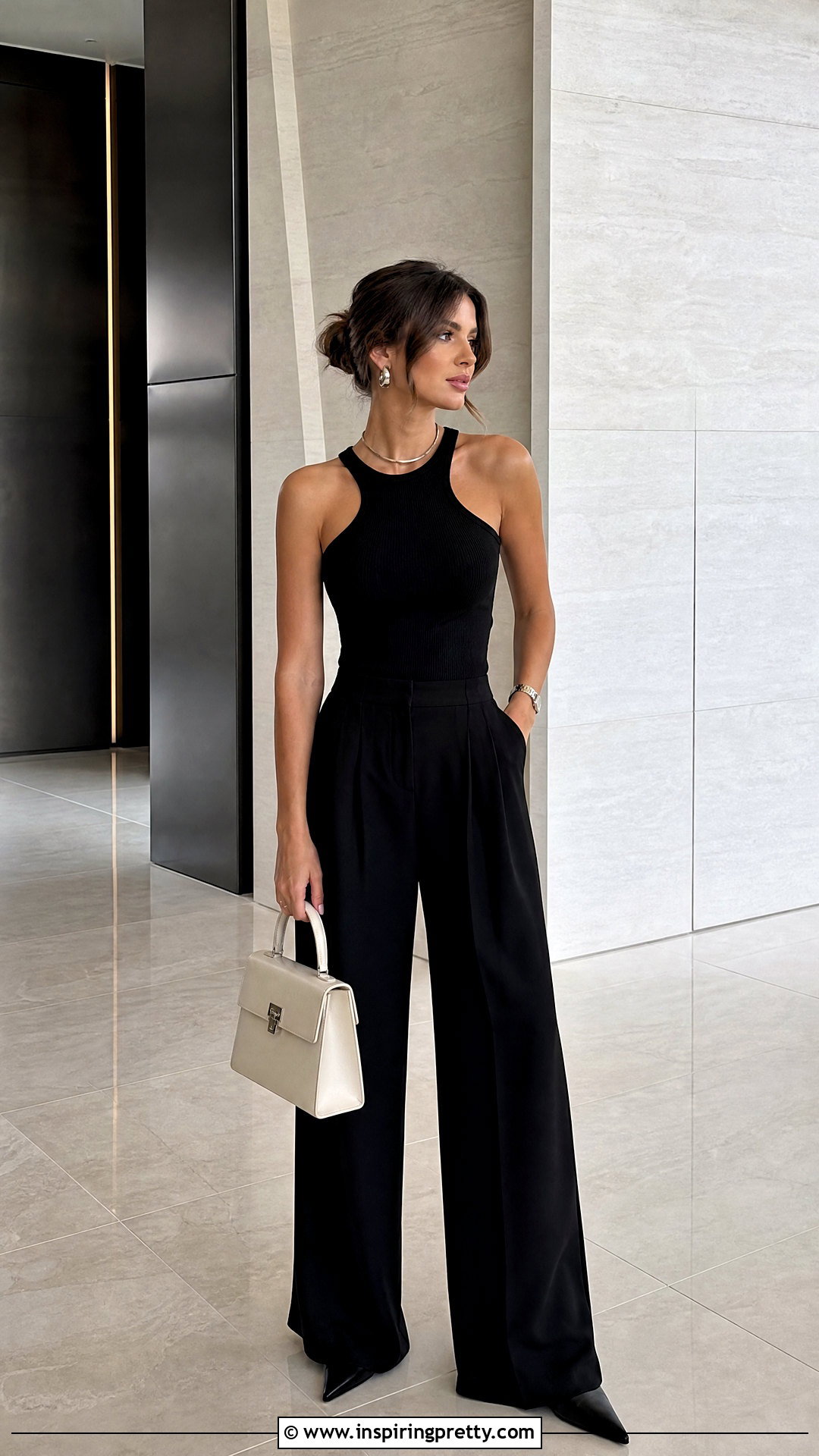 Monochrome Cold Shoulder Tank Top With Matching Pants - 20 cold shoulder tank top outfit ideas