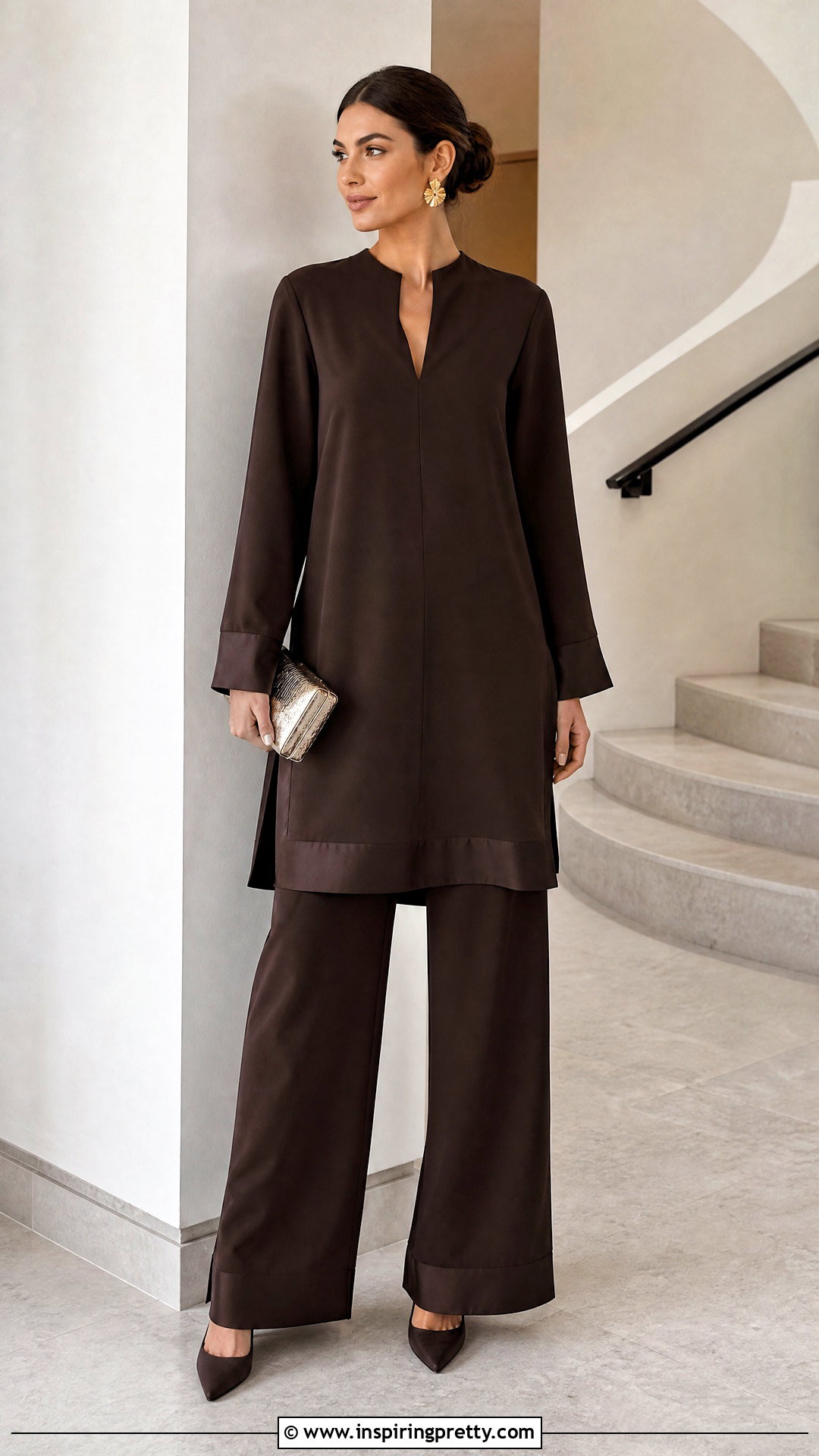 Monochrome Evening Tunic Top With Matching Pants - 20 evening tunic tops outfit ideas