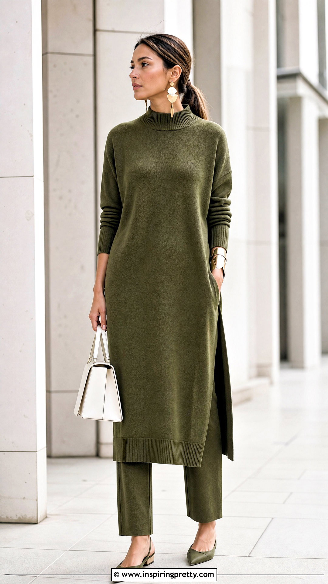 Monochrome Extra Long Tunic Top With Matching Pants - 20 extra long tunic tops outfit ideas