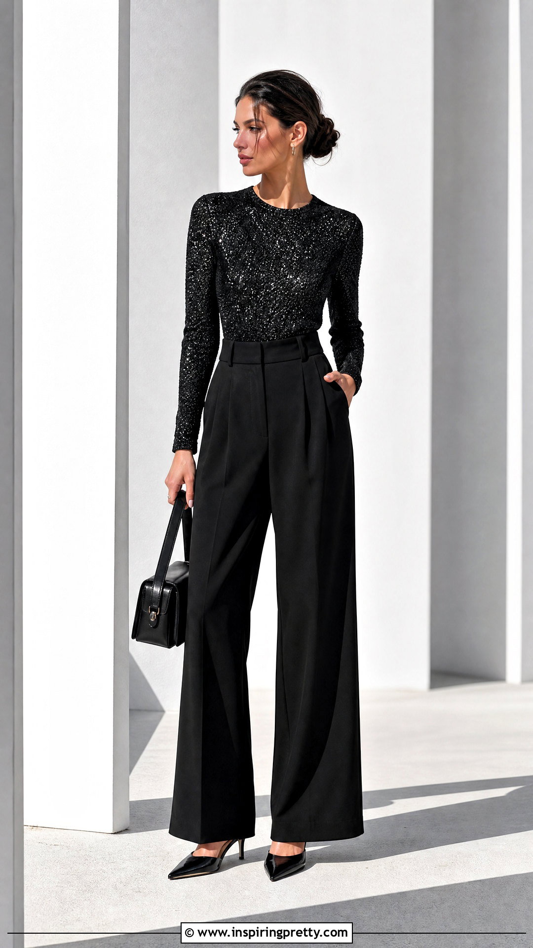 Monochrome Glitter Top With Matching Pants - 20 ladies glitter tops outfit ideas