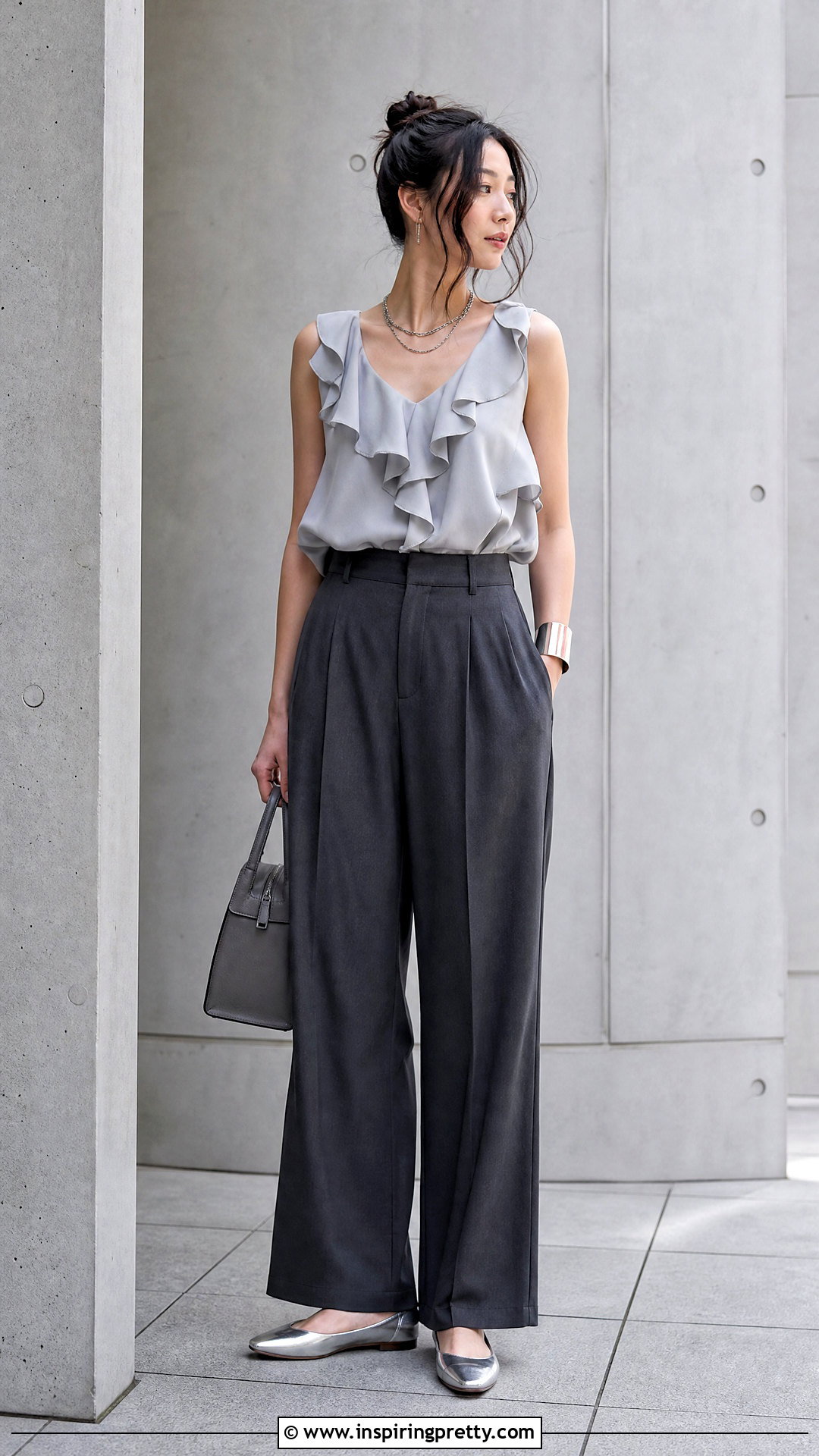 Monochrome Gray Ruffled Tank Top Outfit - 20 gray ruffled tank top outfit ideas