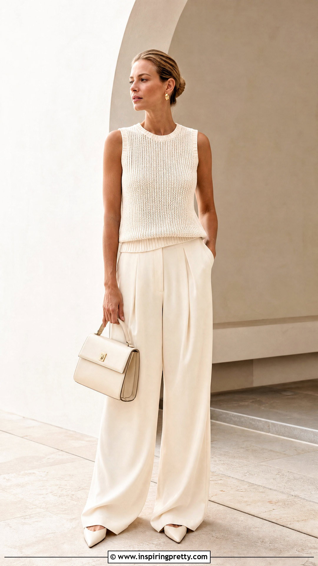 Monochrome Knit Top And Wide Leg Pants Outfit - 20 Minimalist Fashion Tops outfit ideas