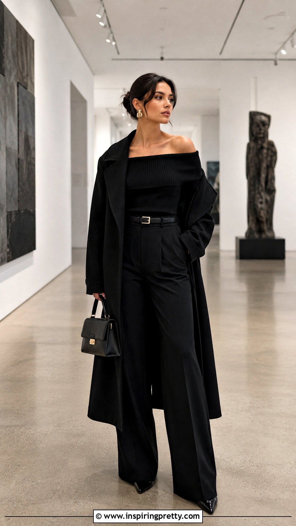 Monochrome Off the Shoulder Top With Wide Leg Pants - 20 off-the-shoulder top fall fashion outfit ideas
