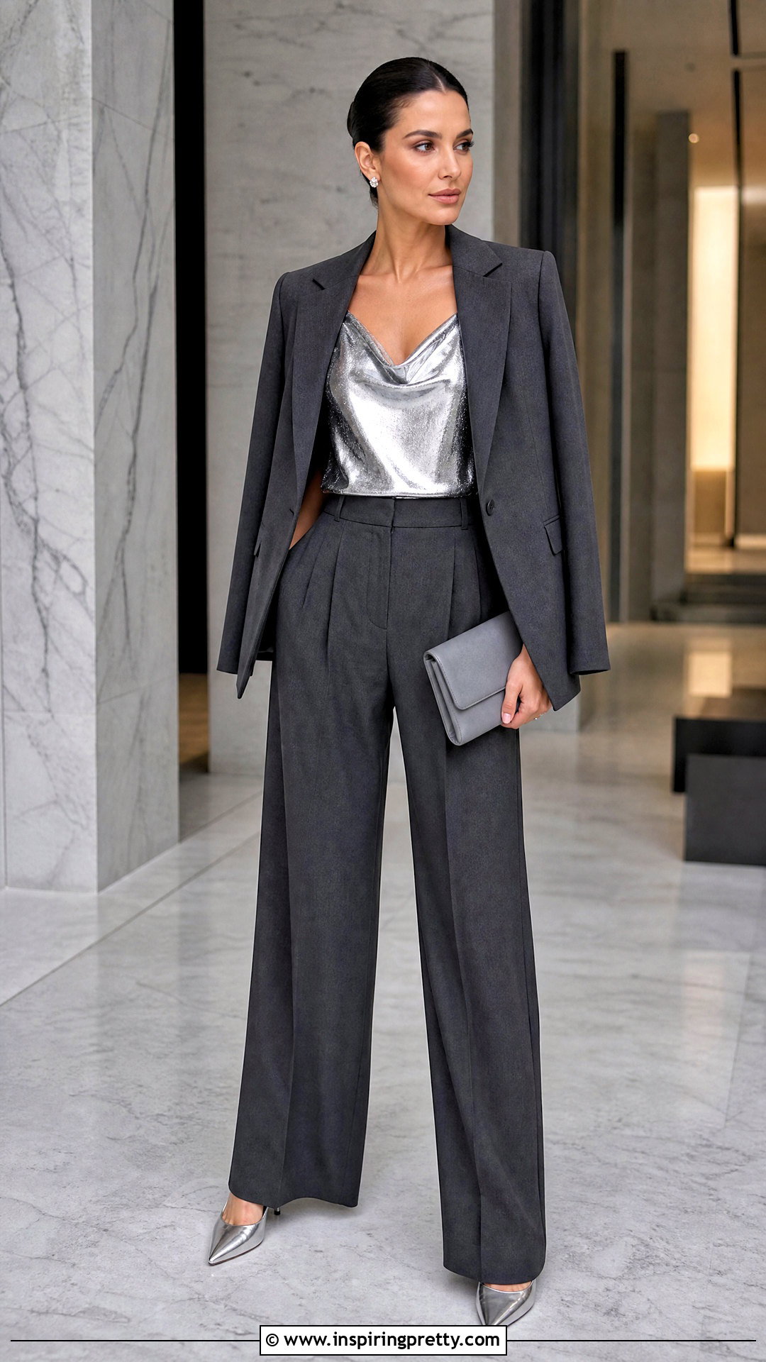 Monochrome Silver Party Top With Gray Trousers - 50 party tops outfit ideas