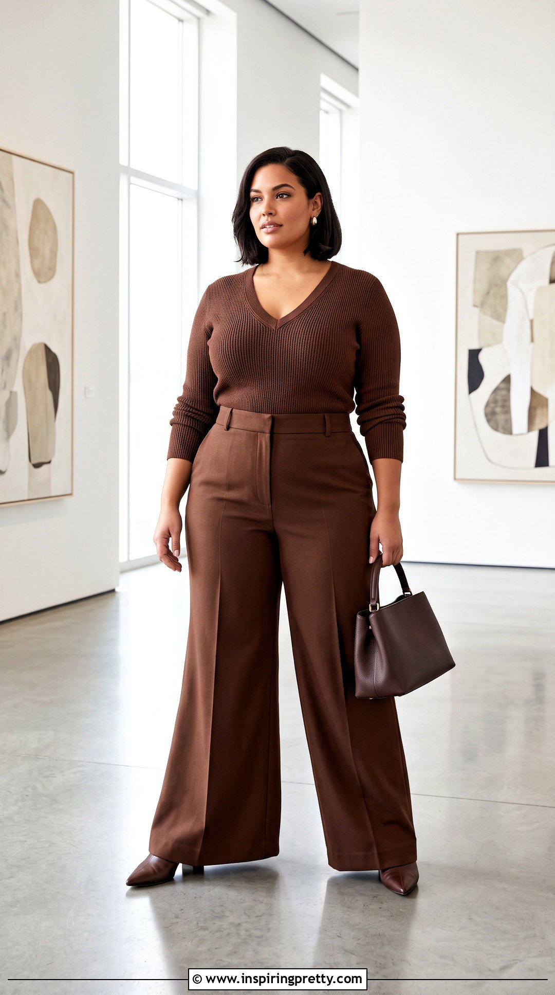 Monochrome V Neck Top With Wide Leg Pants - 50 busty women tops outfit ideas