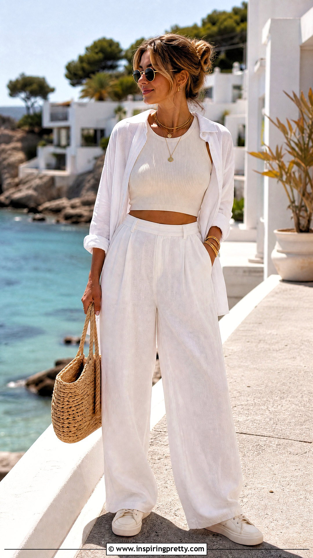 Monochrome White Crop Top With Baggy Pants - 50 baggy pants crop top outfit ideas