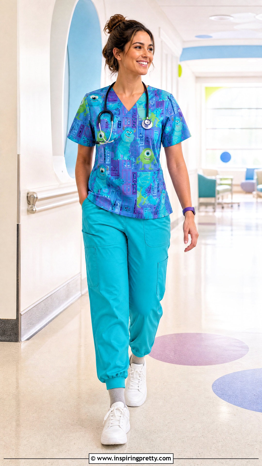 Monsters Inc Character Scrub Top With Turquoise Pants - 20 character scrub tops outfit ideas