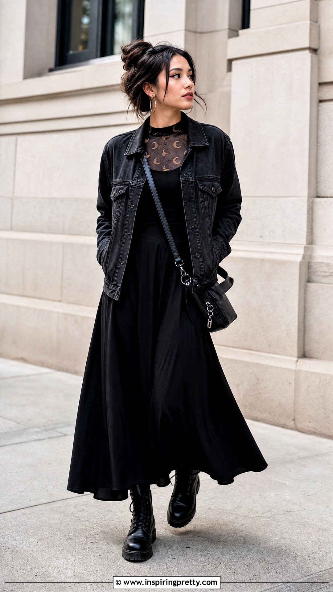 Moon Mesh Top With A Black Denim Jacket And Maxi Skirt - 25 moon mesh top outfit ideas