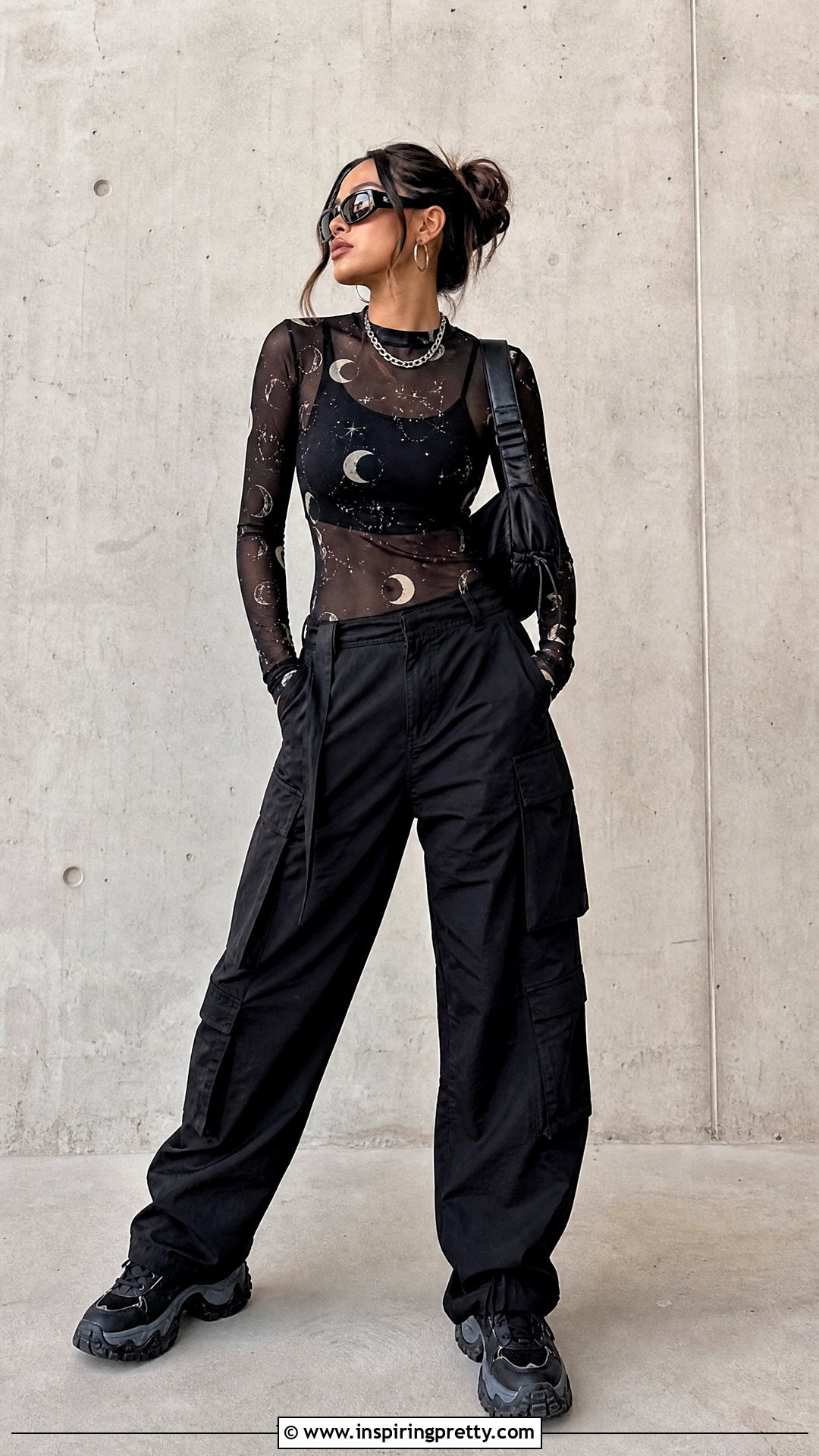 Moon Mesh Top With Black Cargo Pants - 25 moon mesh top outfit ideas