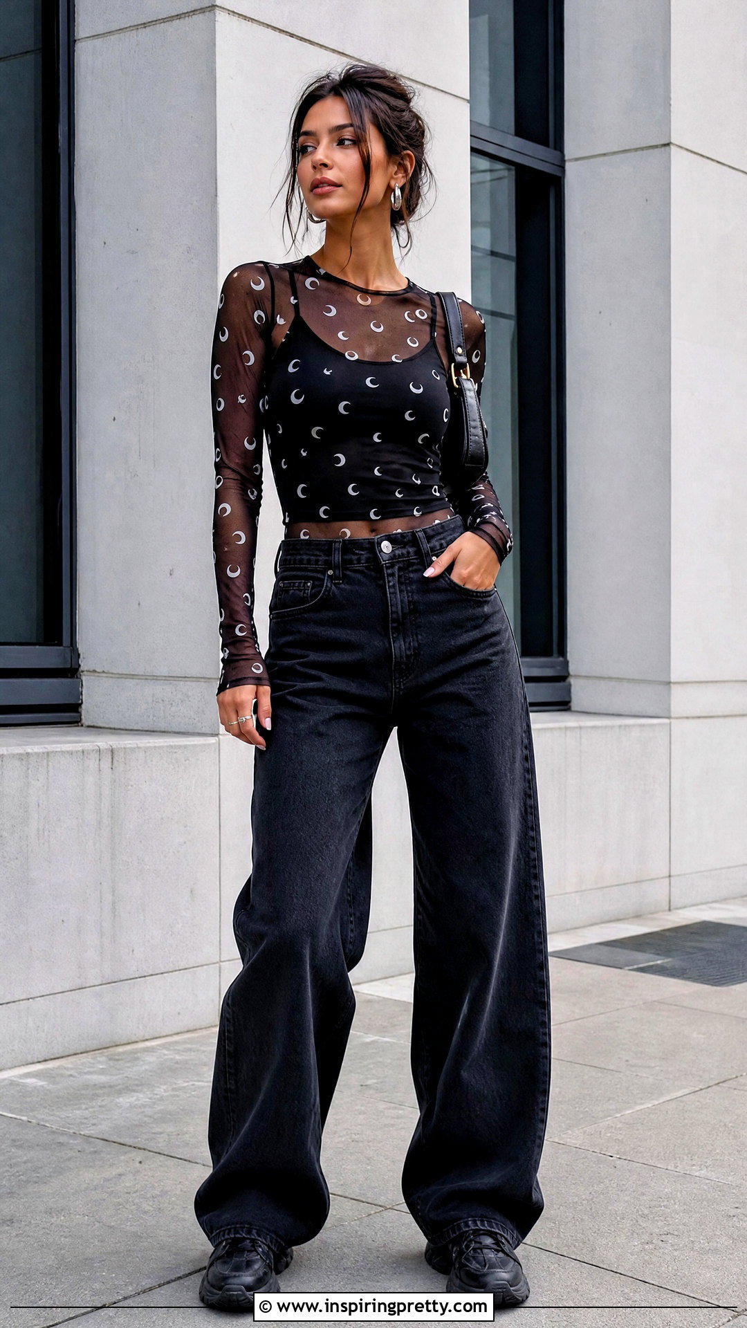Moon Mesh Top With Black Wide Leg Jeans - 25 moon mesh top outfit ideas