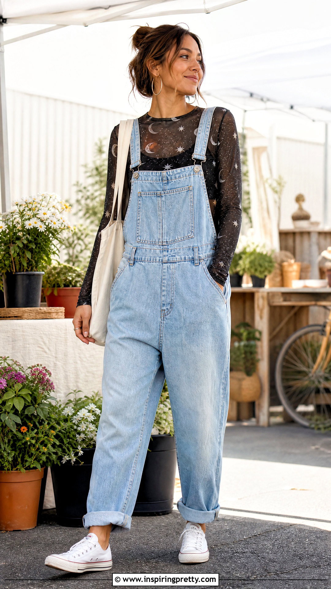 Moon Mesh Top With Denim Overalls - 25 moon mesh top outfit ideas