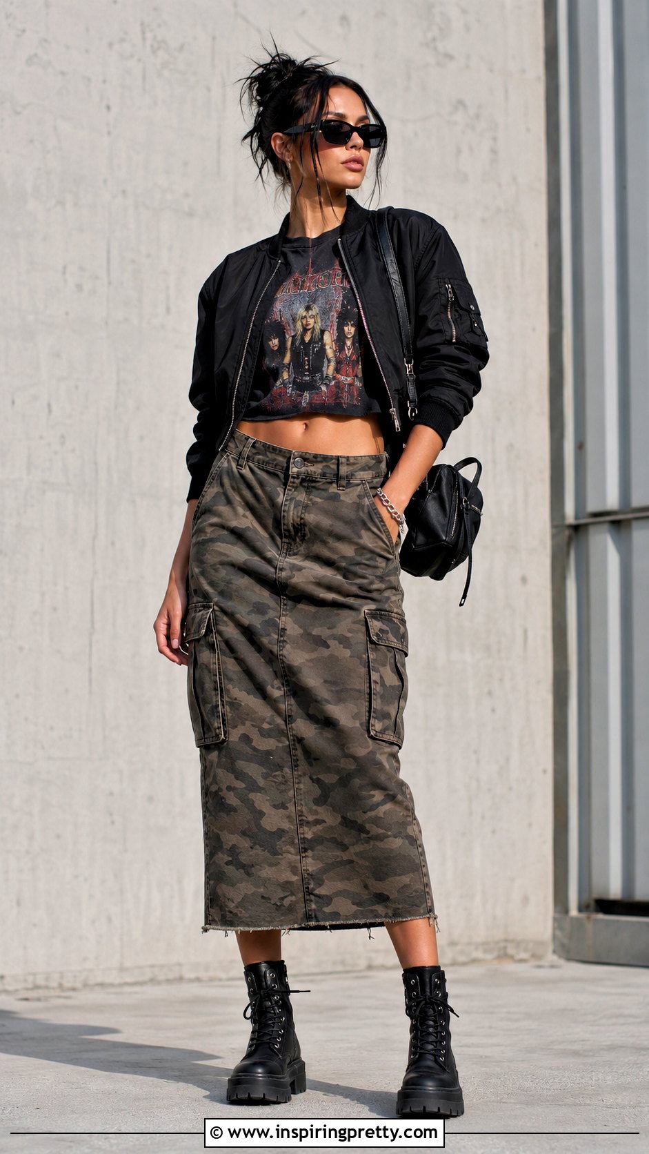 Motley Crue Crop Top With Camo Cargo Skirt And Boots - 25 Motley Crue Crop Top outfit ideas