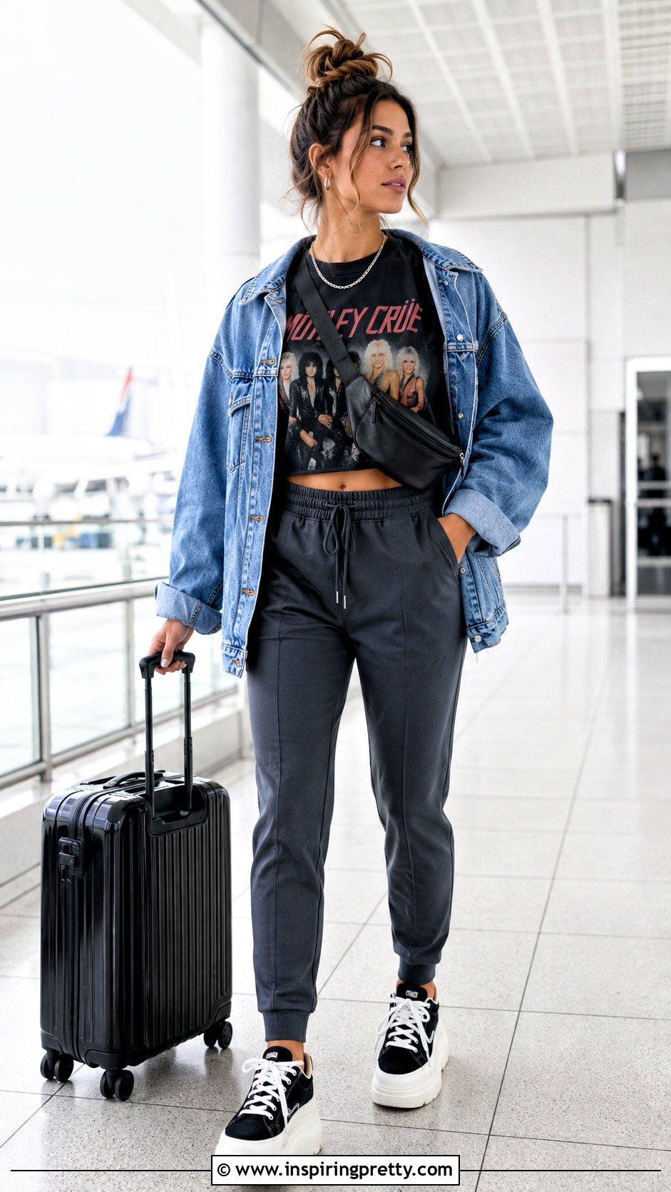 Motley Crue Crop Top With Joggers And Denim Jacket - 25 Motley Crue Crop Top outfit ideas