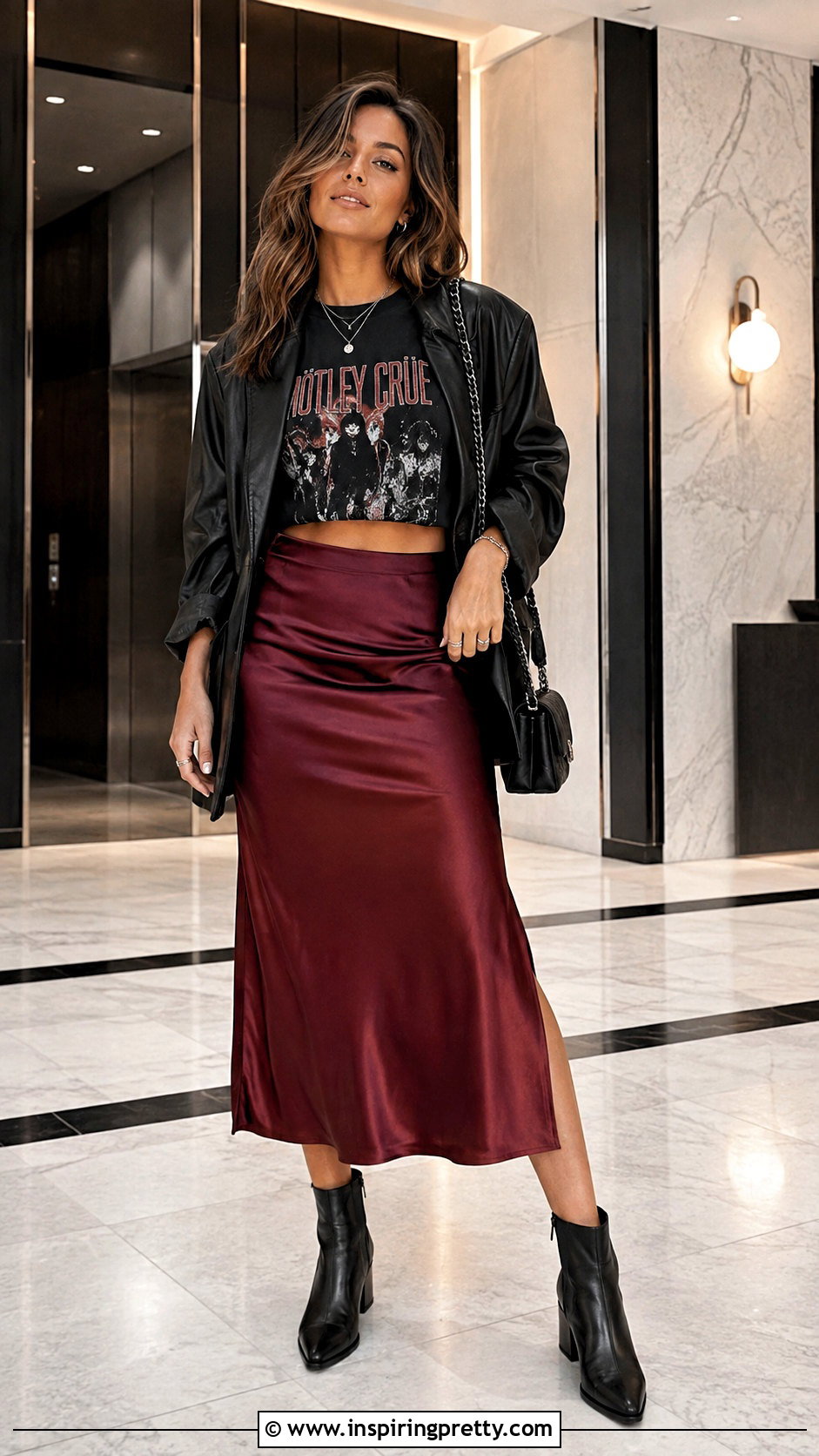 Motley Crue Crop Top With Satin Midi Skirt And Leather Jacket - 25 Motley Crue Crop Top outfit ideas