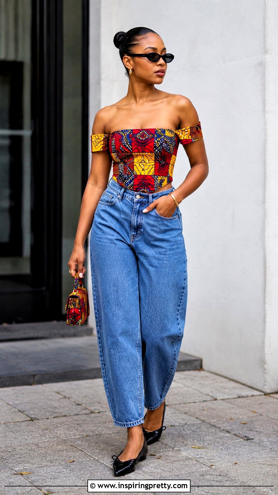 Multicolor Ankara Off Shoulder Top With Barrel Jeans - 20 ankara tops with jeans off shoulder outfits