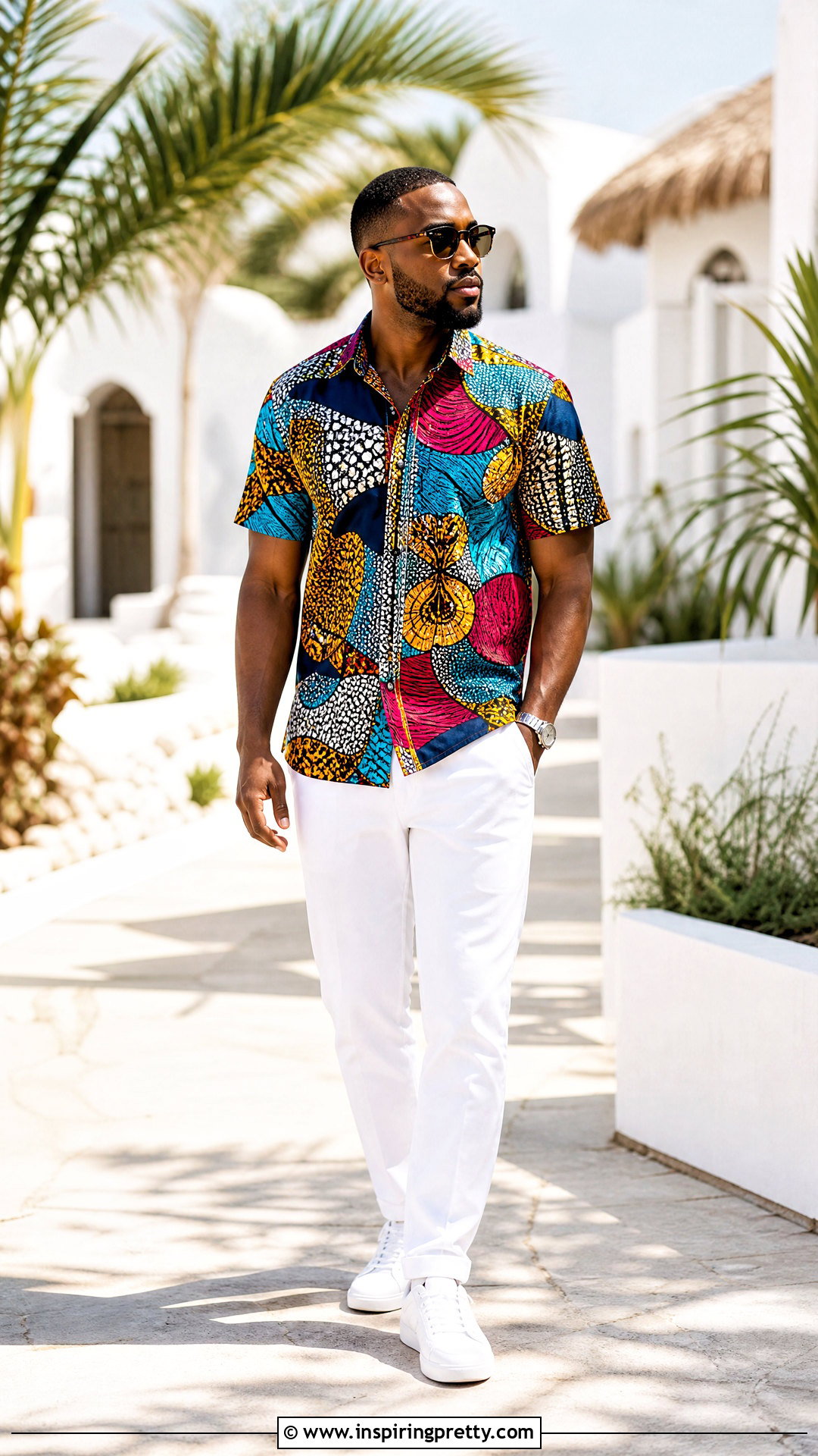 Multicolor Ankara Top With White Jeans - 50 ankara top for men outfit ideas