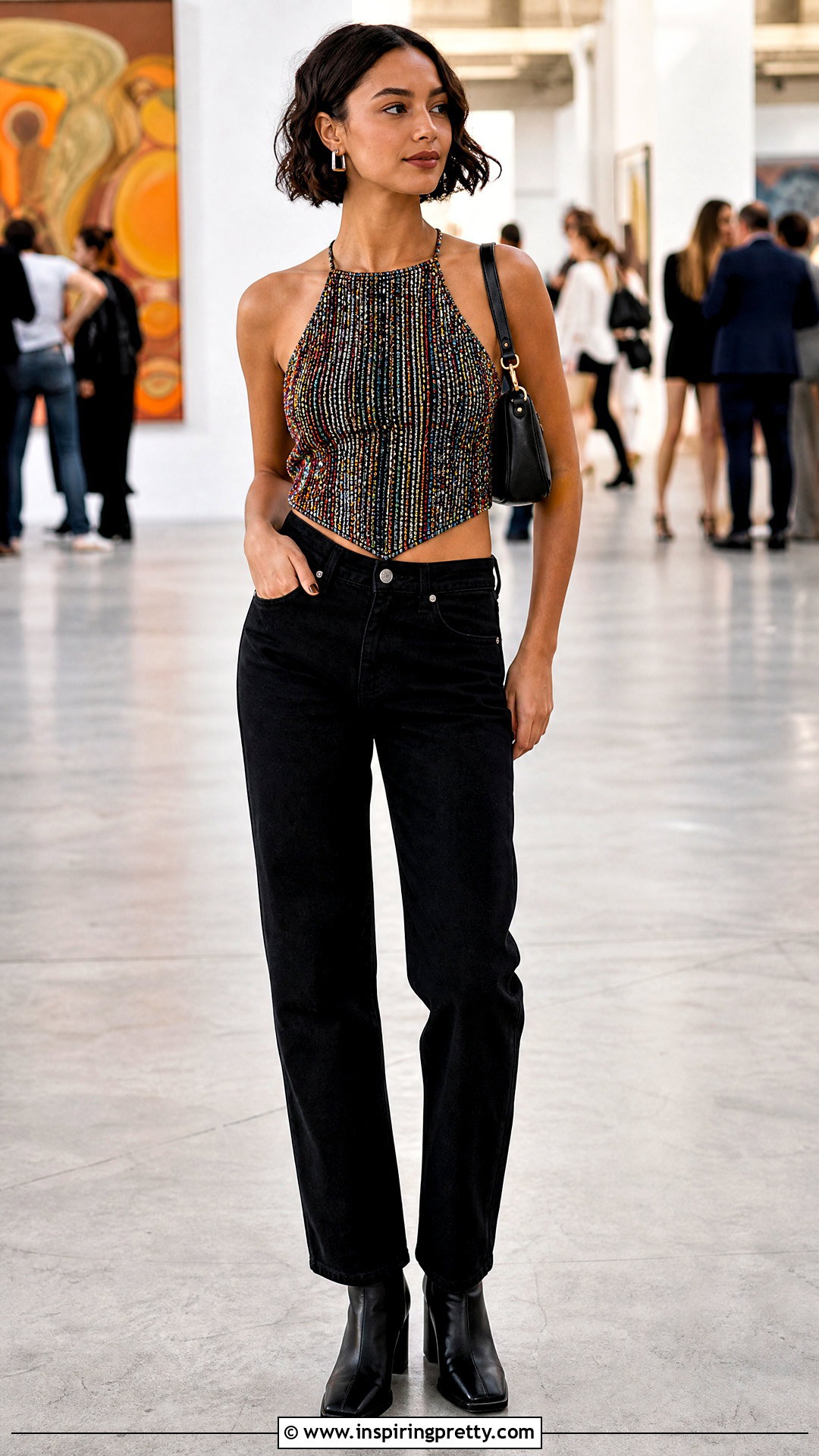 Multicolor Beaded Top With Black Jeans - 50 beaded tops outfit ideas