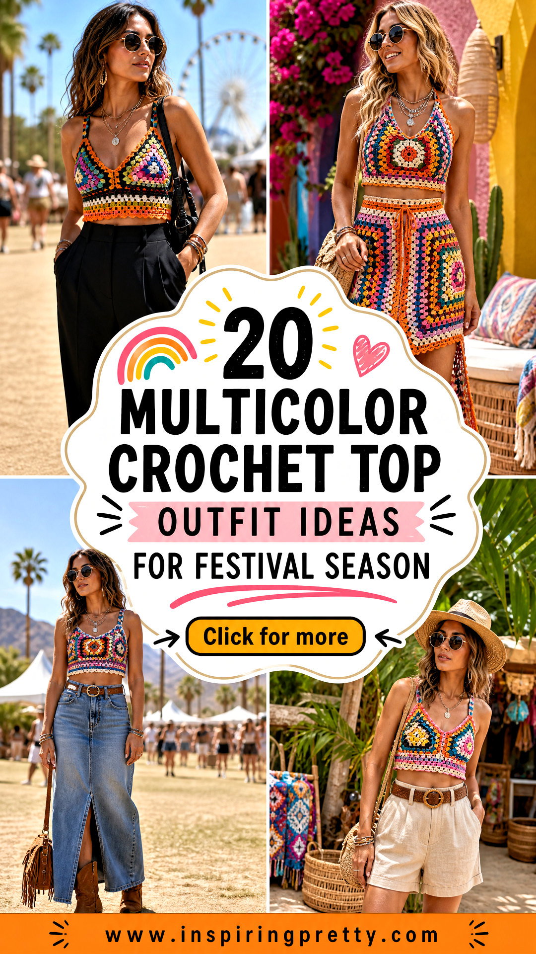 20 Multicolor Crochet Top Outfit Ideas for Festival Season - 20 Multicolor Crochet Top Outfit Ideas for Festival Season