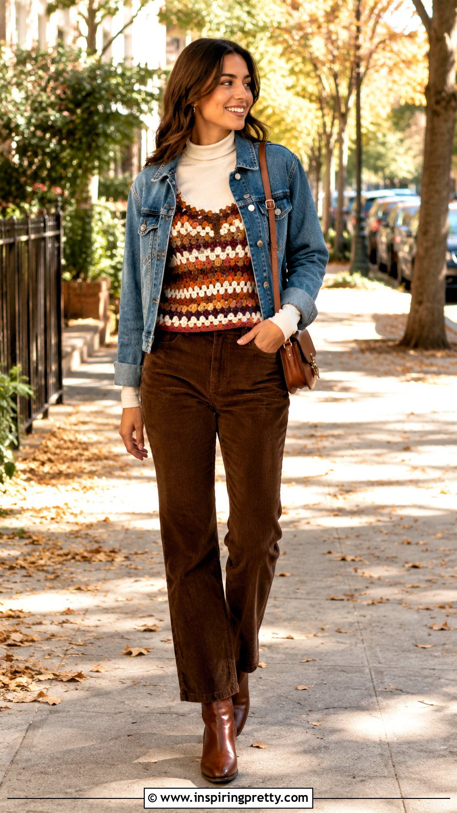 Multicolor Crochet Top With Brown Corduroy Pants - 20 multicolor crochet top outfit ideas