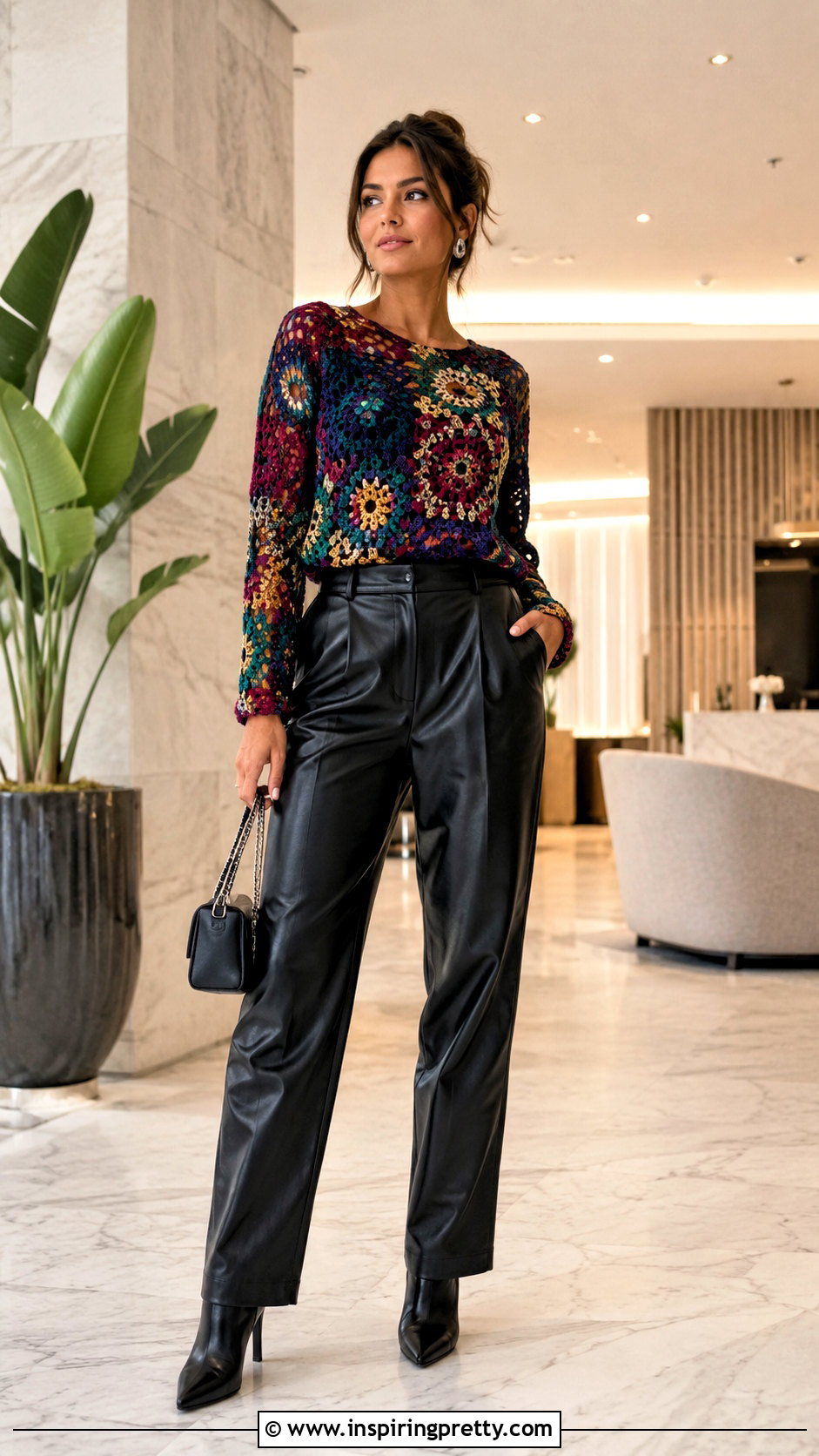 Multicolor Crochet Top With Faux Leather Pants - 20 multicolor crochet top outfit ideas