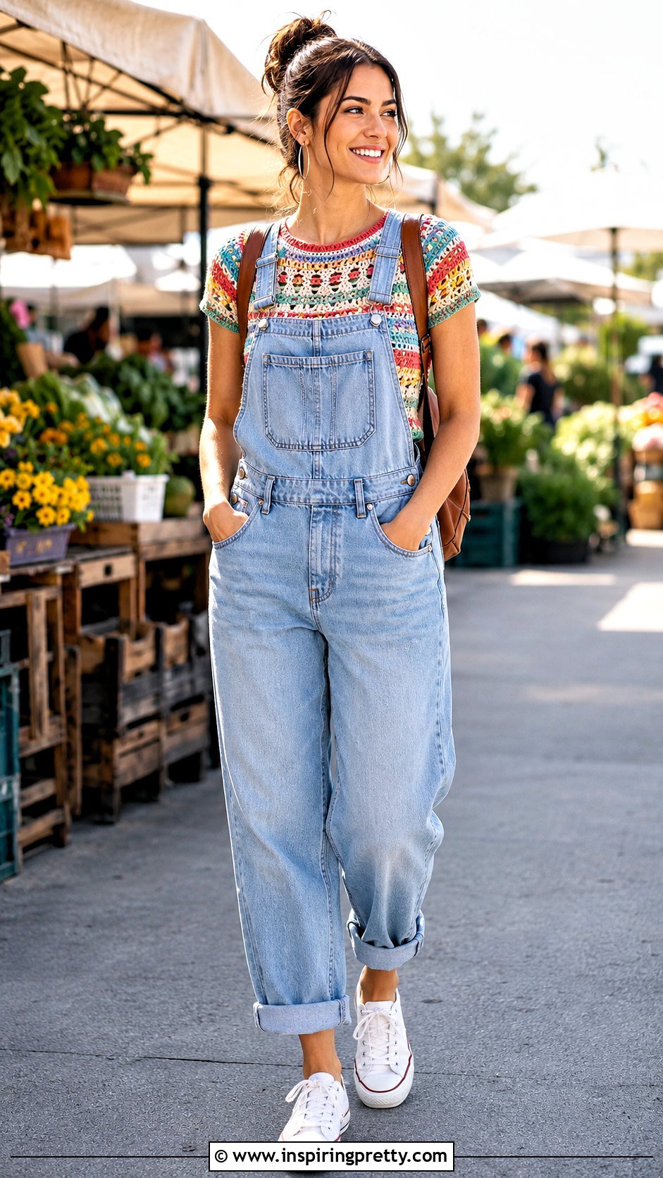 Multicolor Crochet Top With Relaxed Overalls - 20 multicolor crochet top outfit ideas