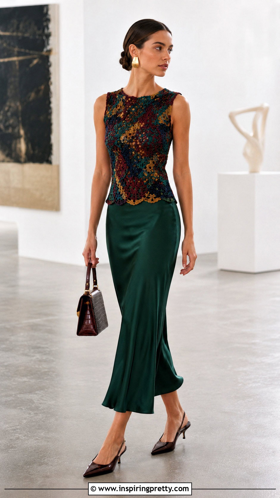 Multicolor Crochet Top With Satin Midi Skirt - 20 multicolor crochet top outfit ideas