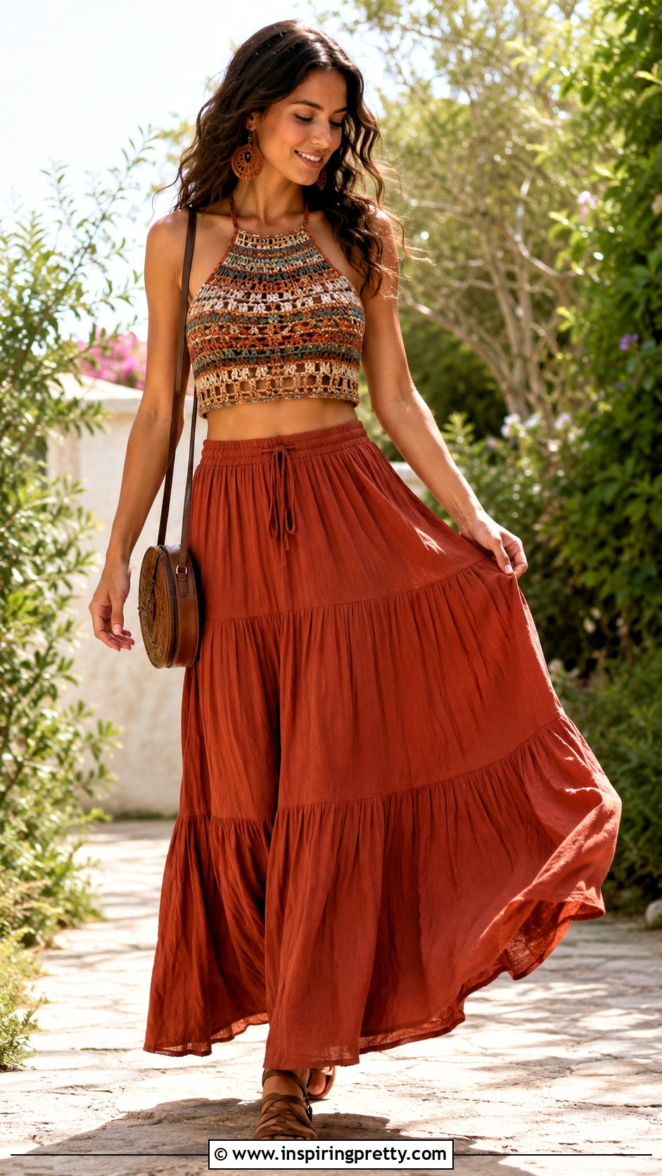 Multicolor Crochet Top With Tiered Maxi Skirt - 20 multicolor crochet top outfit ideas