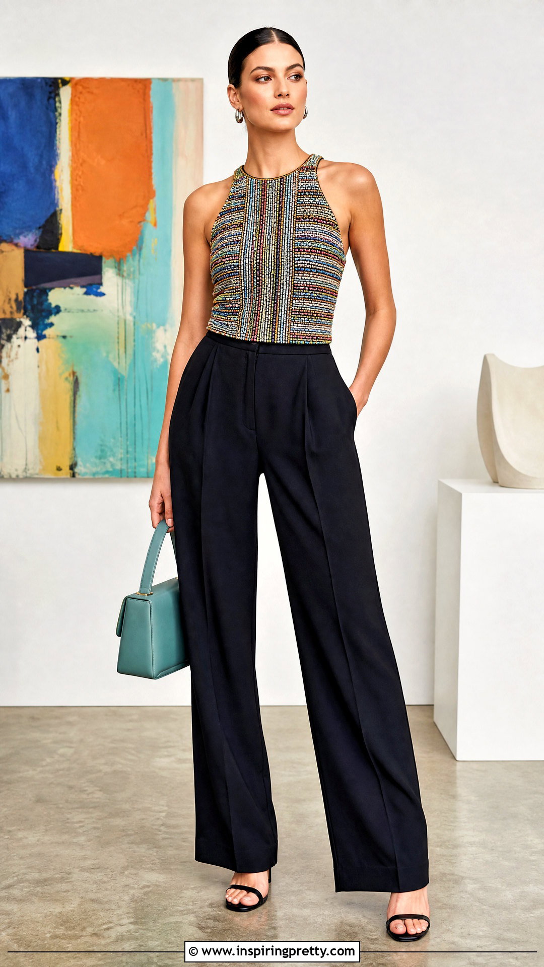 Multicolor Embellished Top With Neutral Pants - 50 embellished top outfit ideas