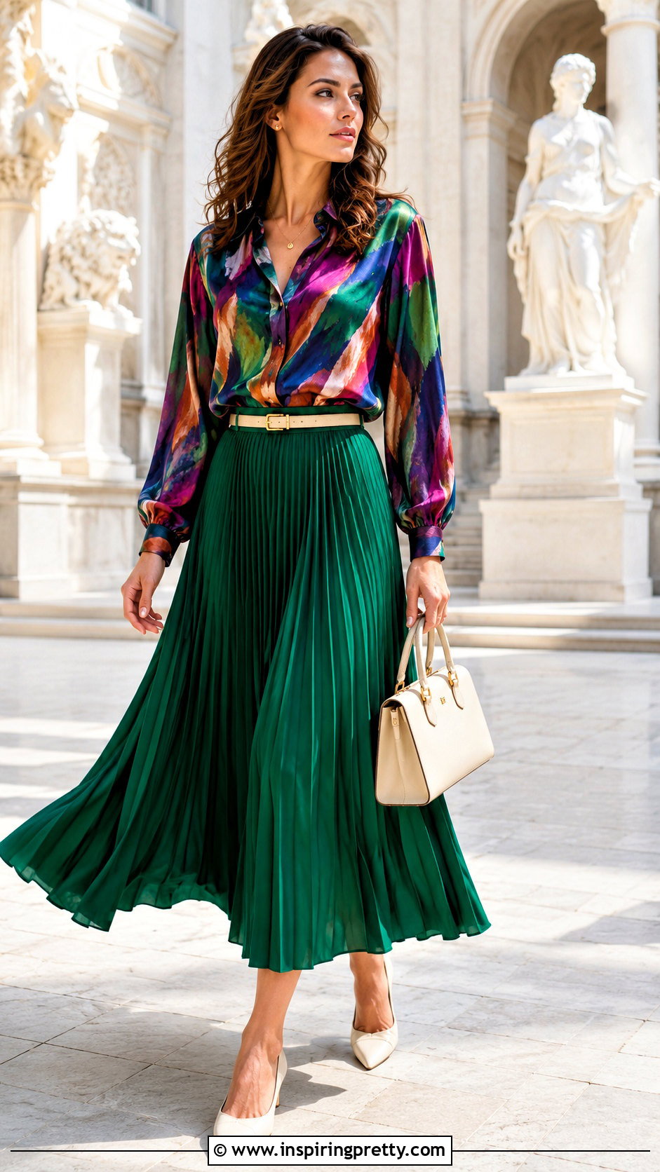 Multicolor Fashion Top With Pleated Midi Skirt - 20 multicolor fashion top outfit ideas