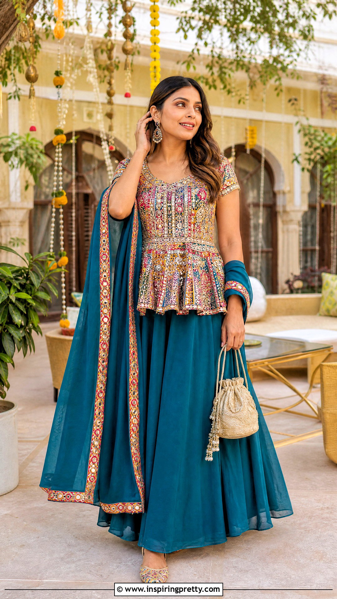Multicolor Indian Peplum Top With Plain Lehenga - 50 indian peplum top outfits