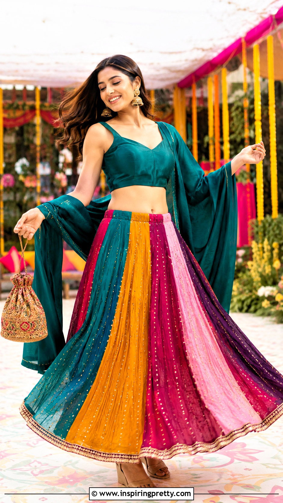 Multicolor Panel Lehenga Crop Top Outfit - 50 party wear lehenga crop tops outfit ideas