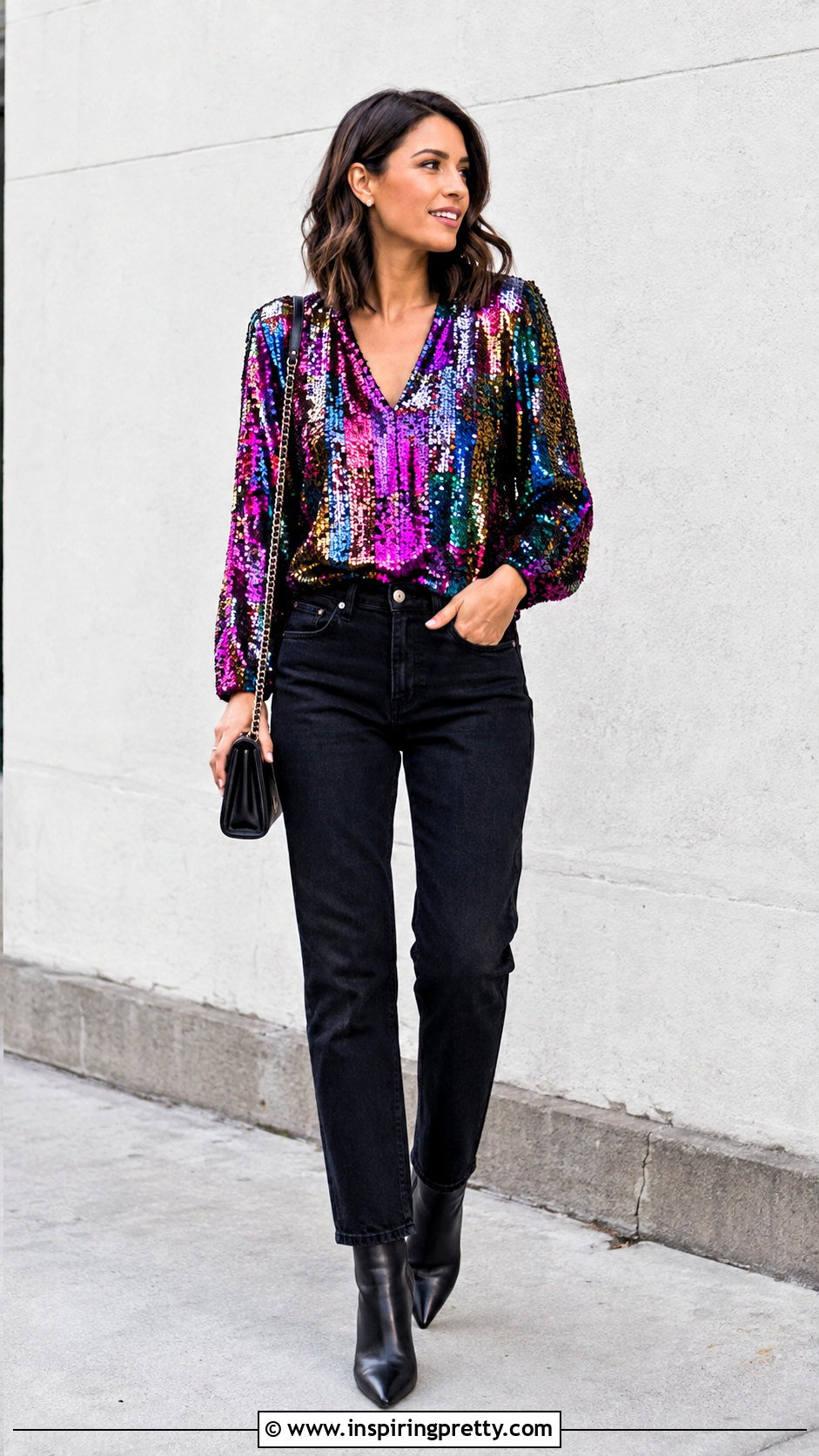 Multicolor Sequin Top With Black Jeans - 50 sequence top outfit ideas