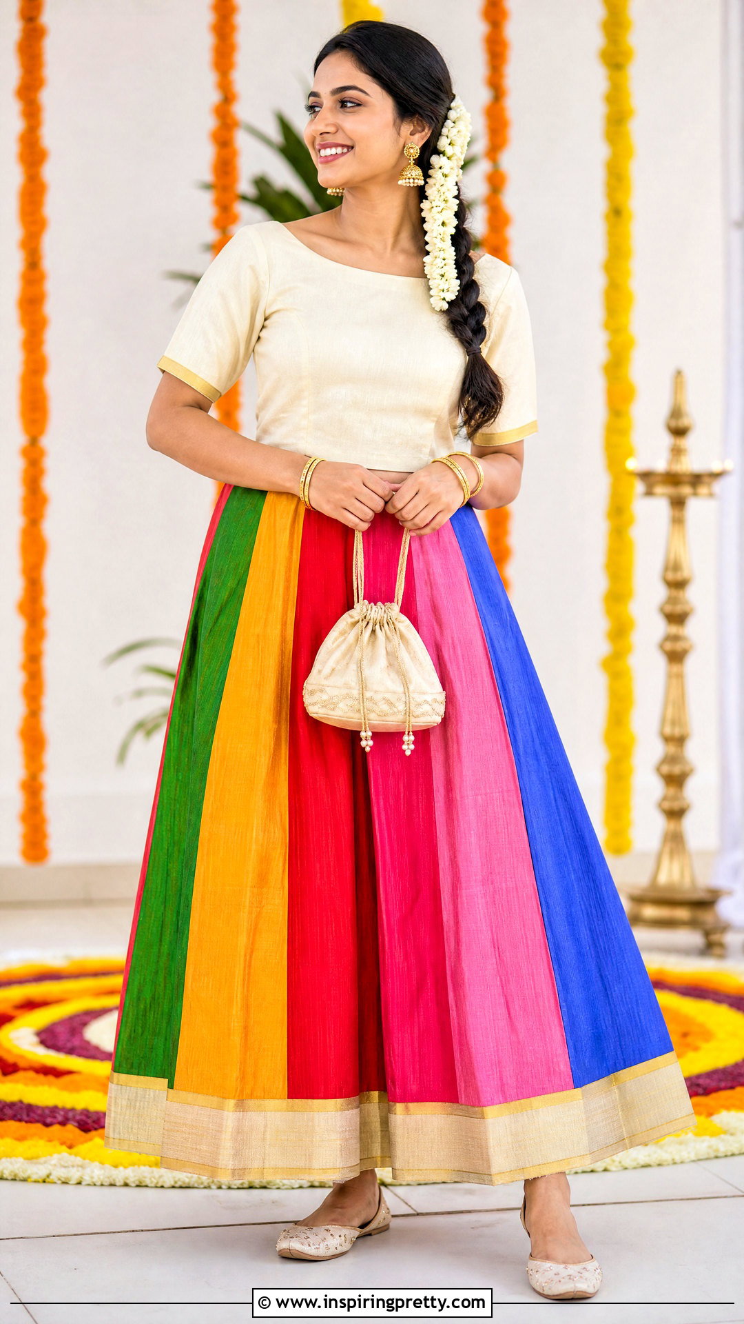 Multicolor Skirt And Simple Kasavu Top - 50 onam skirt and top designs