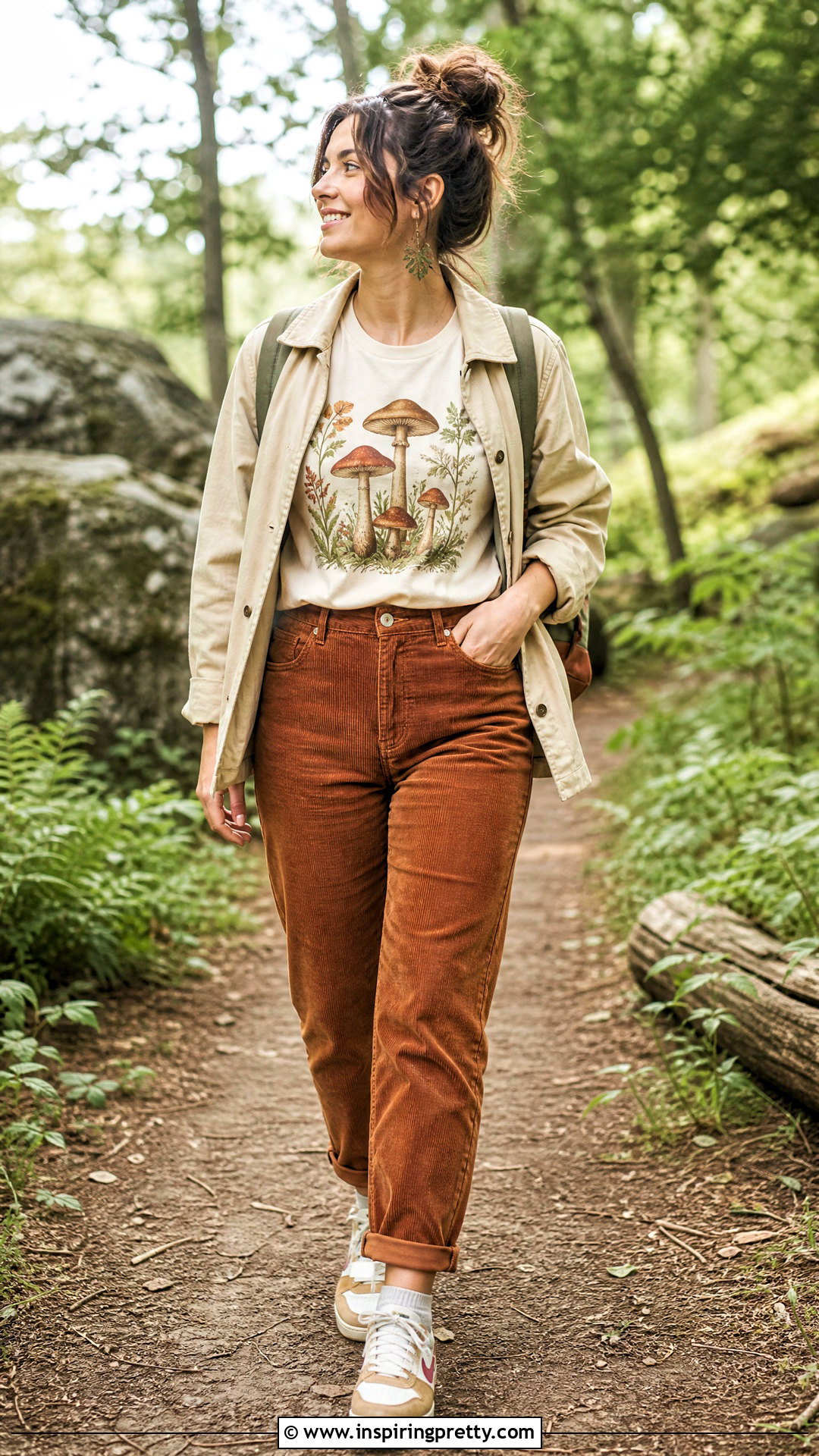 Mushroom Graphic Tee With Corduroy Pants - 50 whimsical tops outfit ideas