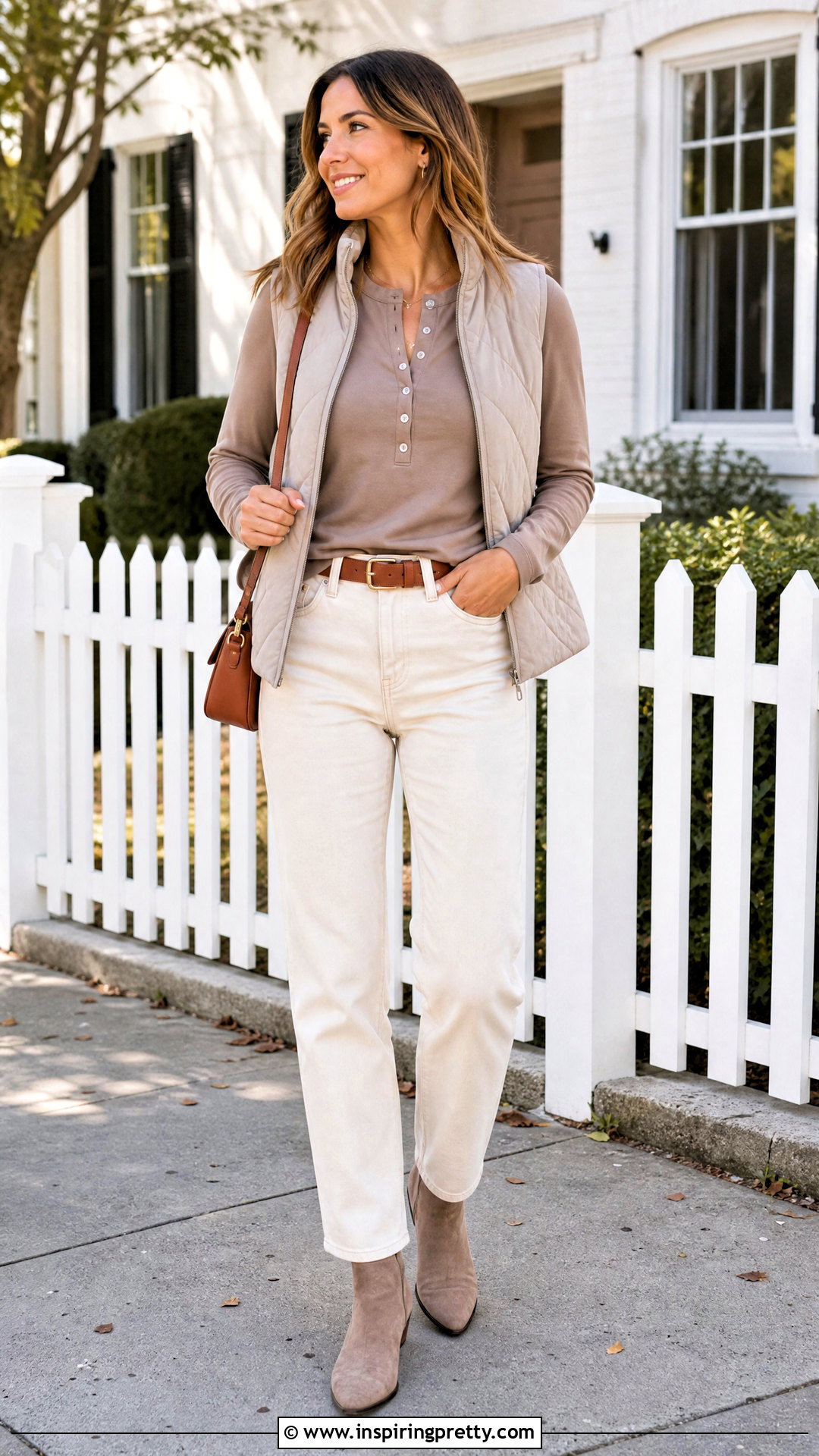 Mushroom Henley Top With Ecru Jeans - 20 Neutral Color Tops Collections
