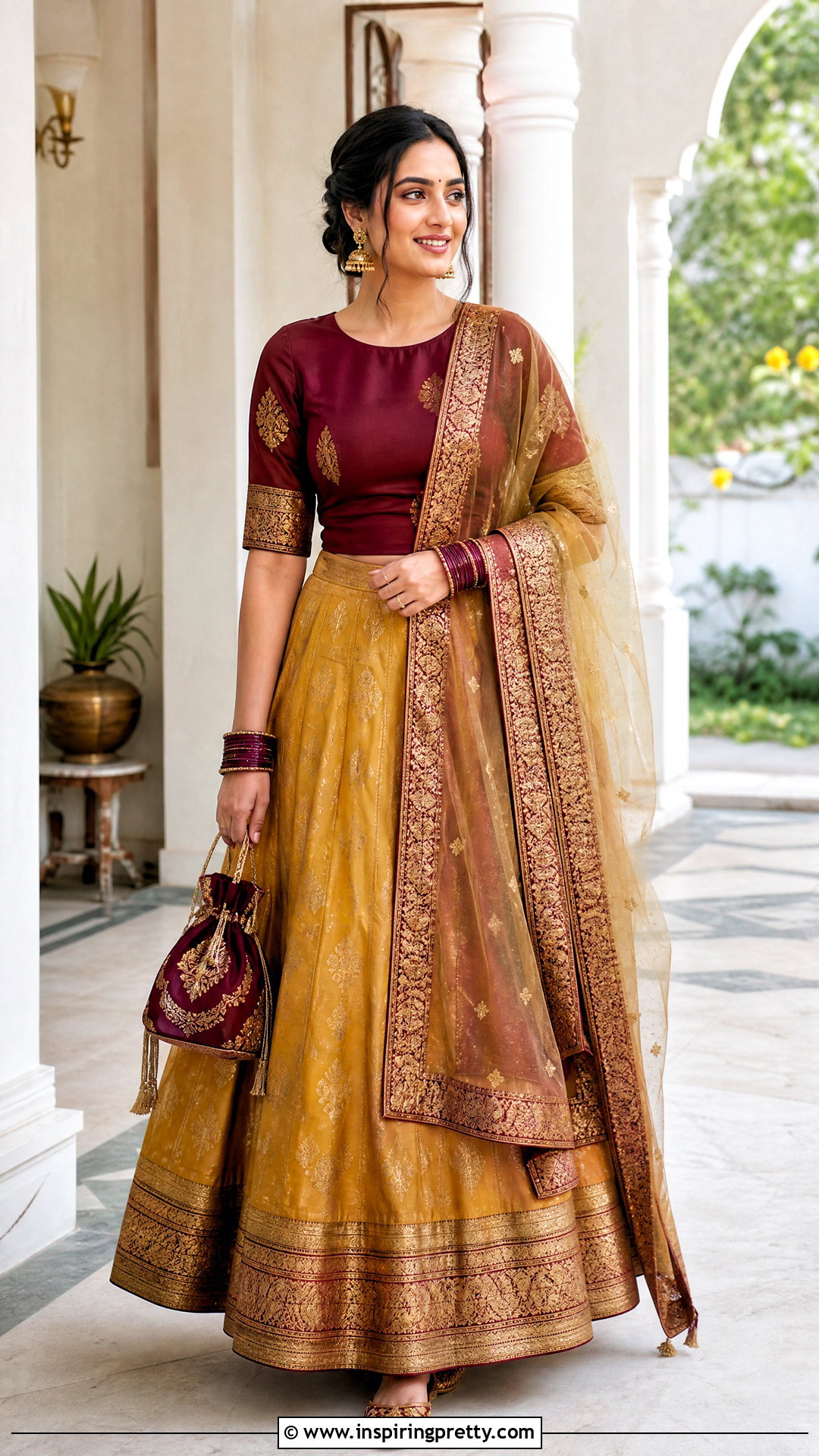 Mustard Banarasi Skirt With Maroon Blouse - 50 banarasi skirt and top outfit ideas