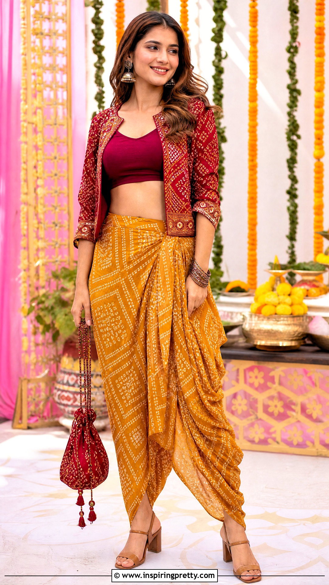 Mustard Bandhani Dhoti Skirt With Crop Top And Cropped Jacket - 25 dhoti skirt with crop top and jacket outfit ideas