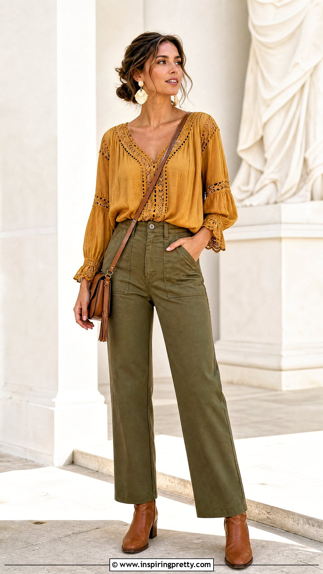 Mustard Boho Top With Olive Pants - 50 boho tops outfit ideas